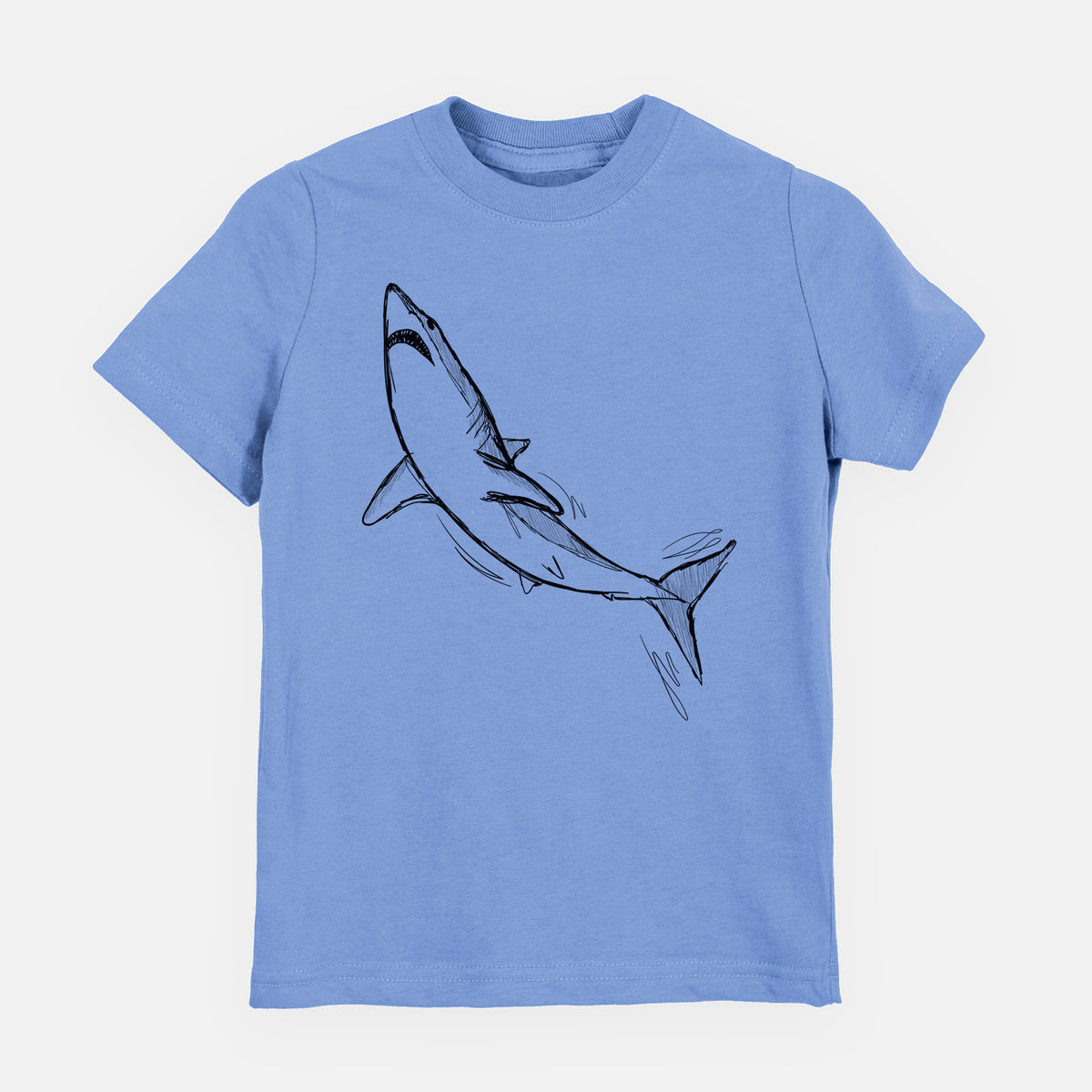 Carolina blue youth t-shirt laid flat, printed with a black ink illustration of a shortfin mako shark diving.