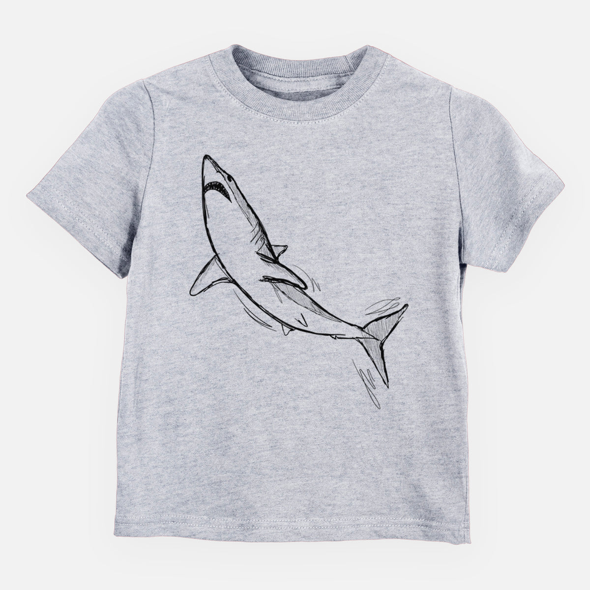 Heather grey toddler t-shirt laid flat, printed with a black ink illustration of a shortfin mako shark diving.