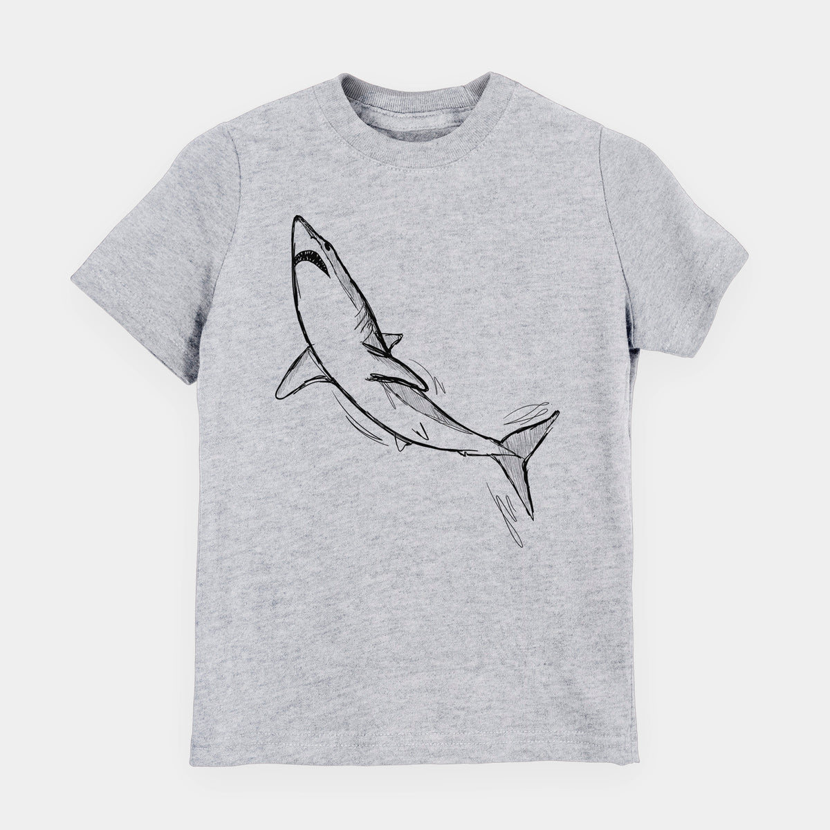Heather grey youth t-shirt laid flat, printed with a black ink illustration of a shortfin mako shark diving.