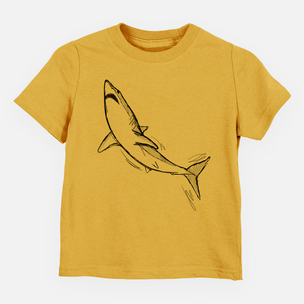 Honeycomb yellow toddler t-shirt laid flat, printed with a black ink illustration of a shortfin mako shark diving.