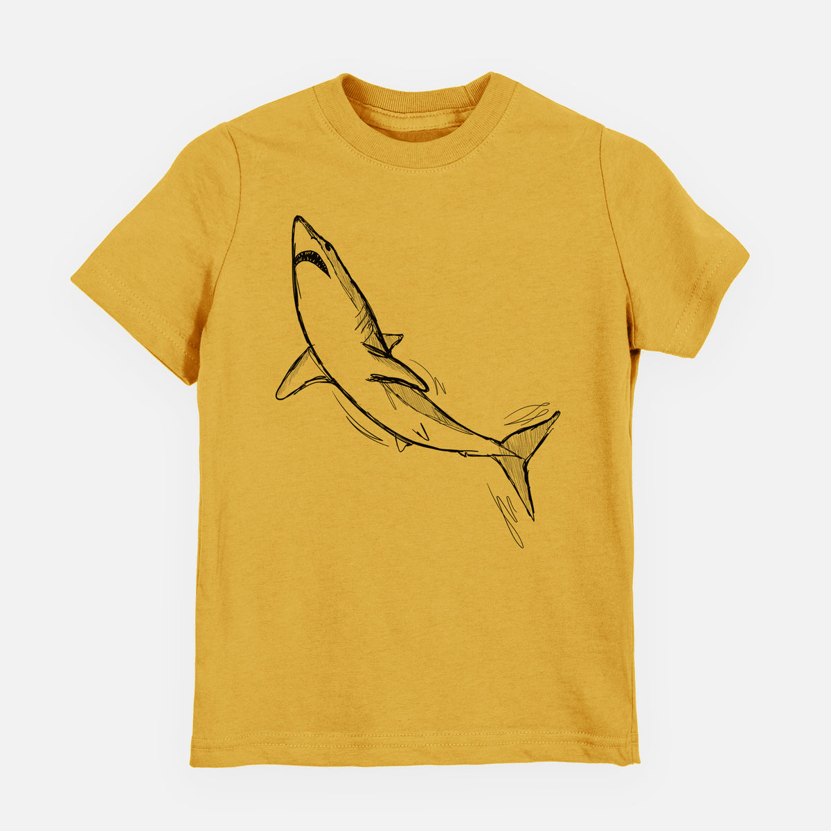 Honeycomb yellow youth t-shirt laid flat, printed with a black ink illustration of a shortfin mako shark diving.