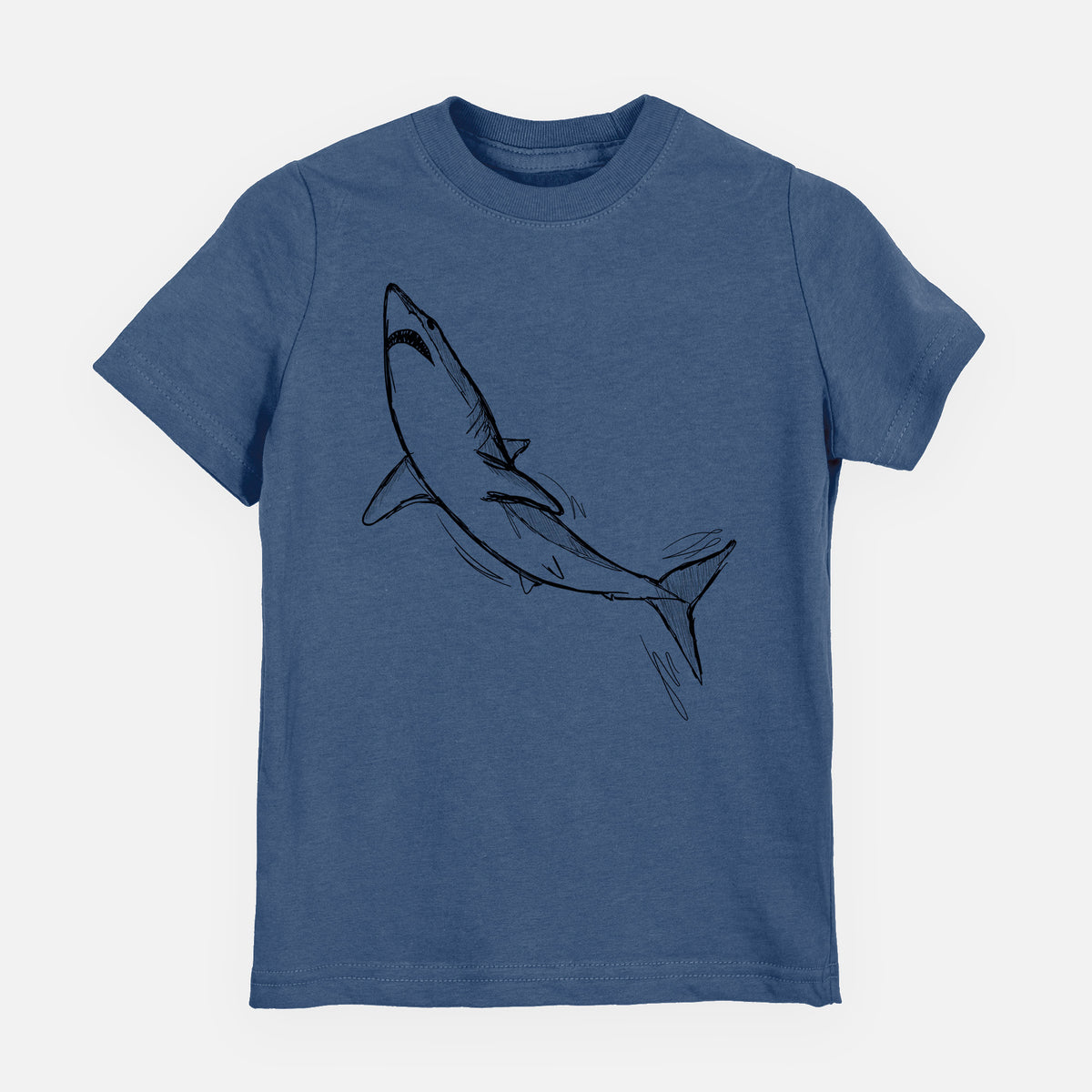 Indigo blue youth t-shirt laid flat, printed with a black ink illustration of a shortfin mako shark diving.