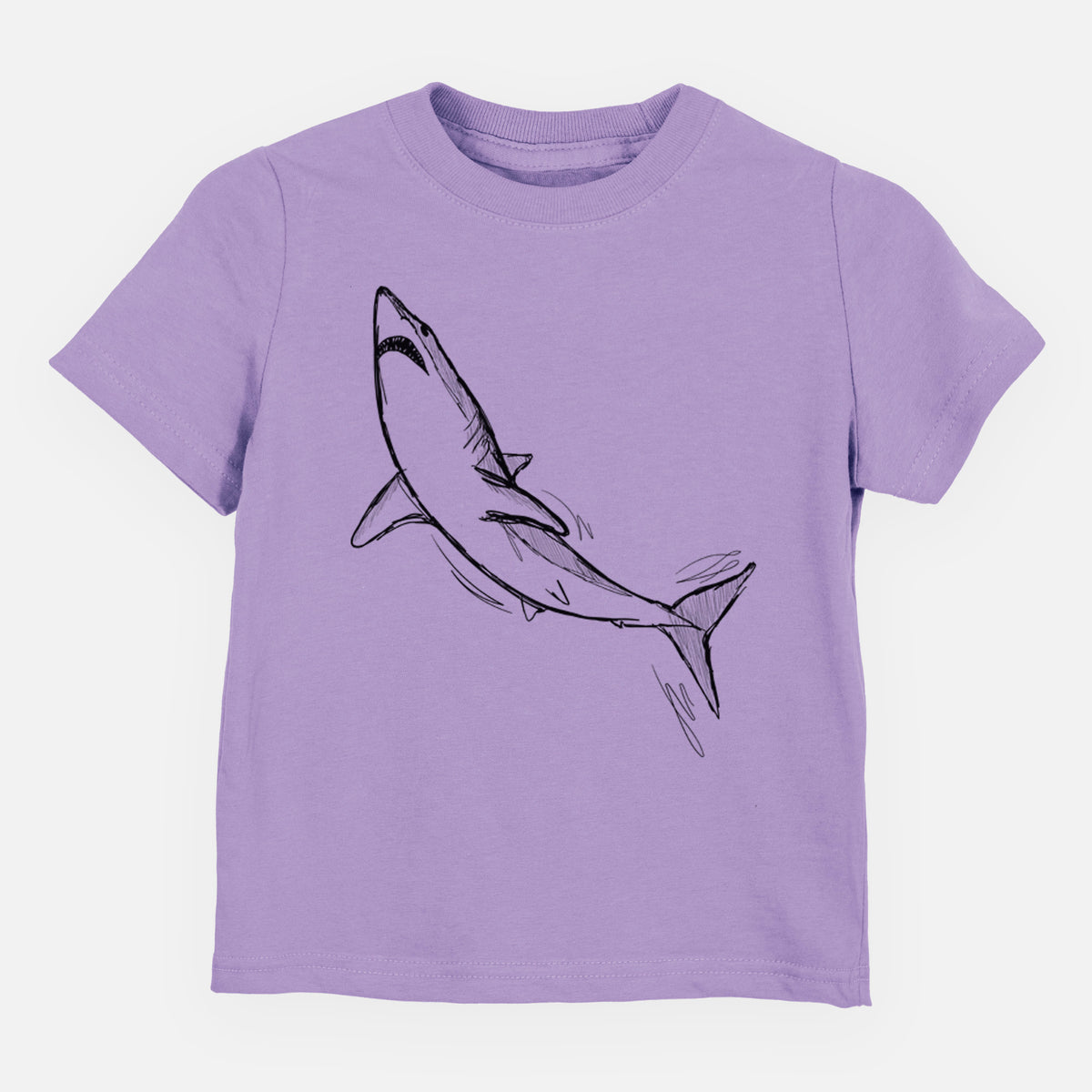 Lavender toddler t-shirt laid flat, printed with a black ink illustration of a shortfin mako shark diving.