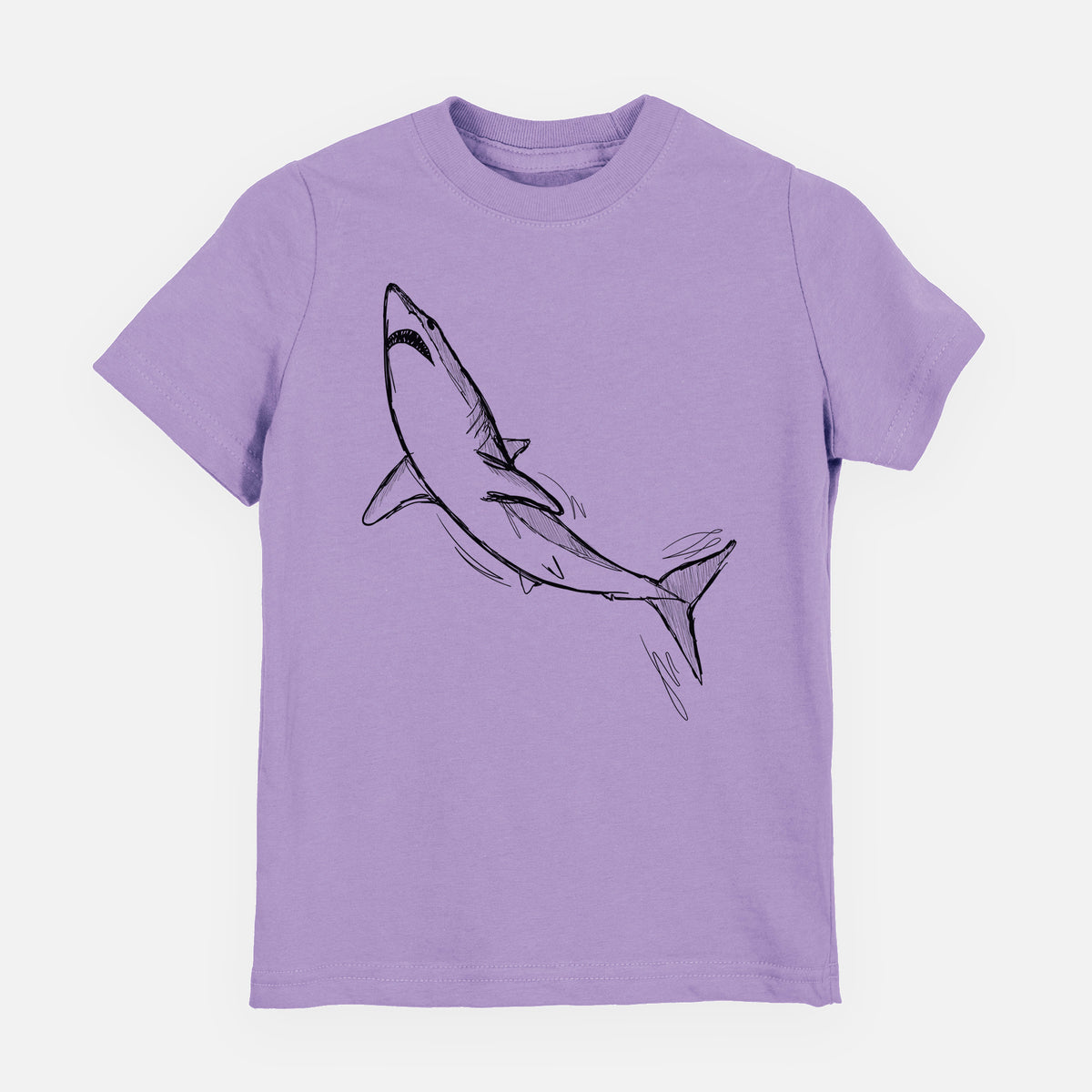 Lavender youth t-shirt laid flat, printed with a black ink illustration of a shortfin mako shark diving.