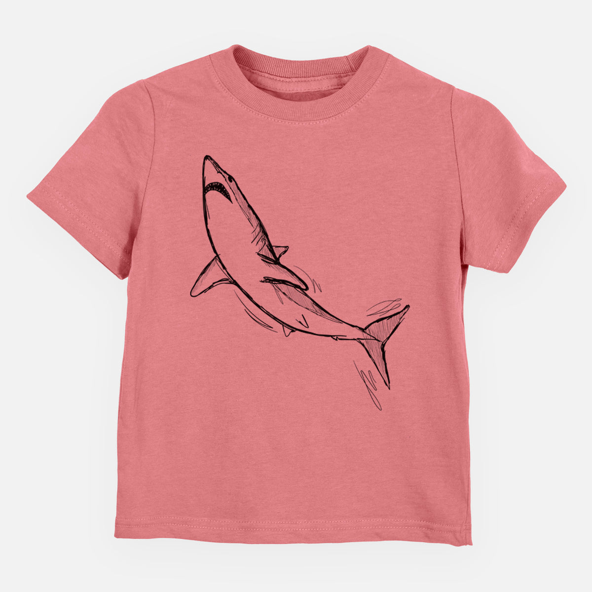 Mauve pink toddler t-shirt laid flat, printed with a black ink illustration of a shortfin mako shark diving.