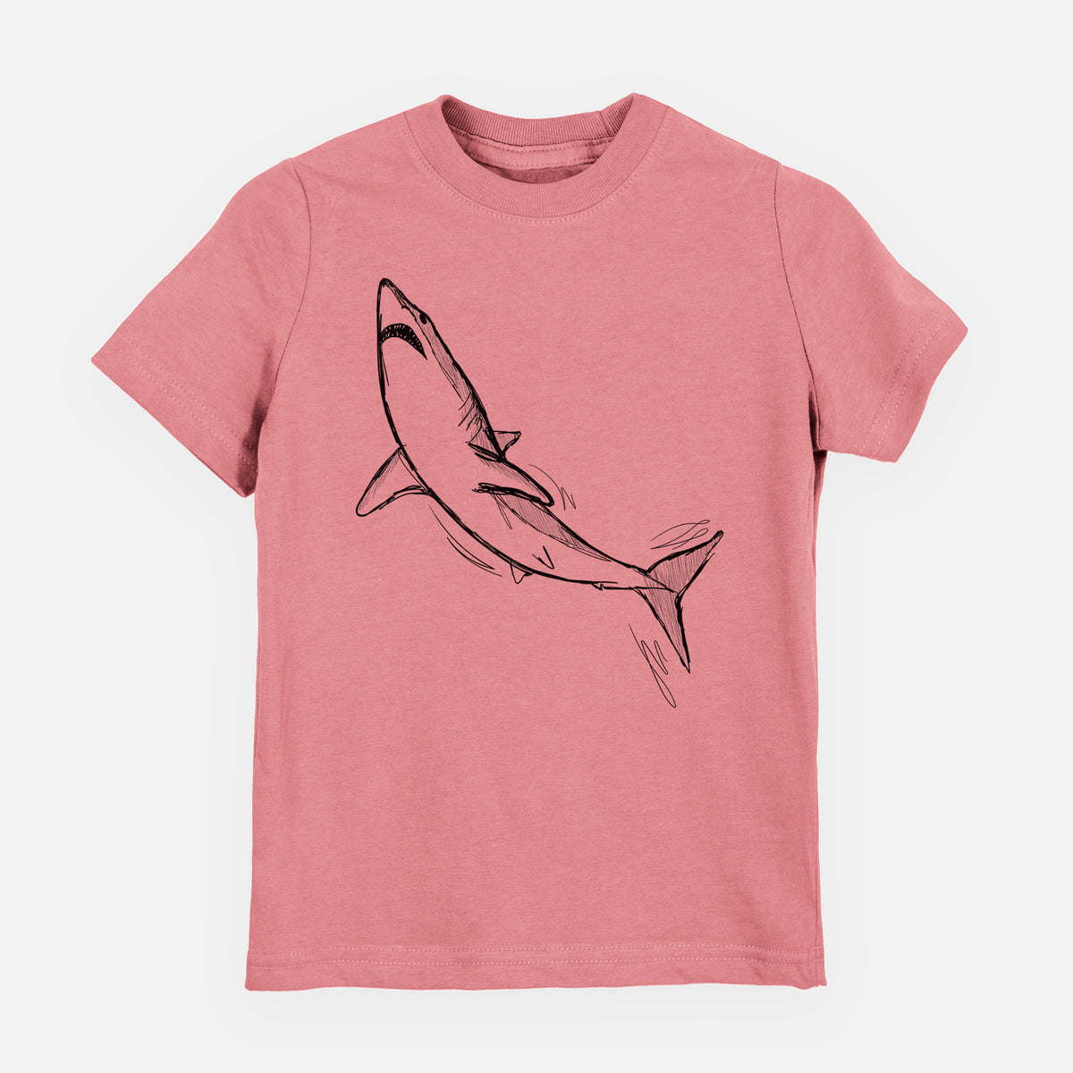 Mauve pink youth t-shirt laid flat, printed with a black ink illustration of a shortfin mako shark diving.