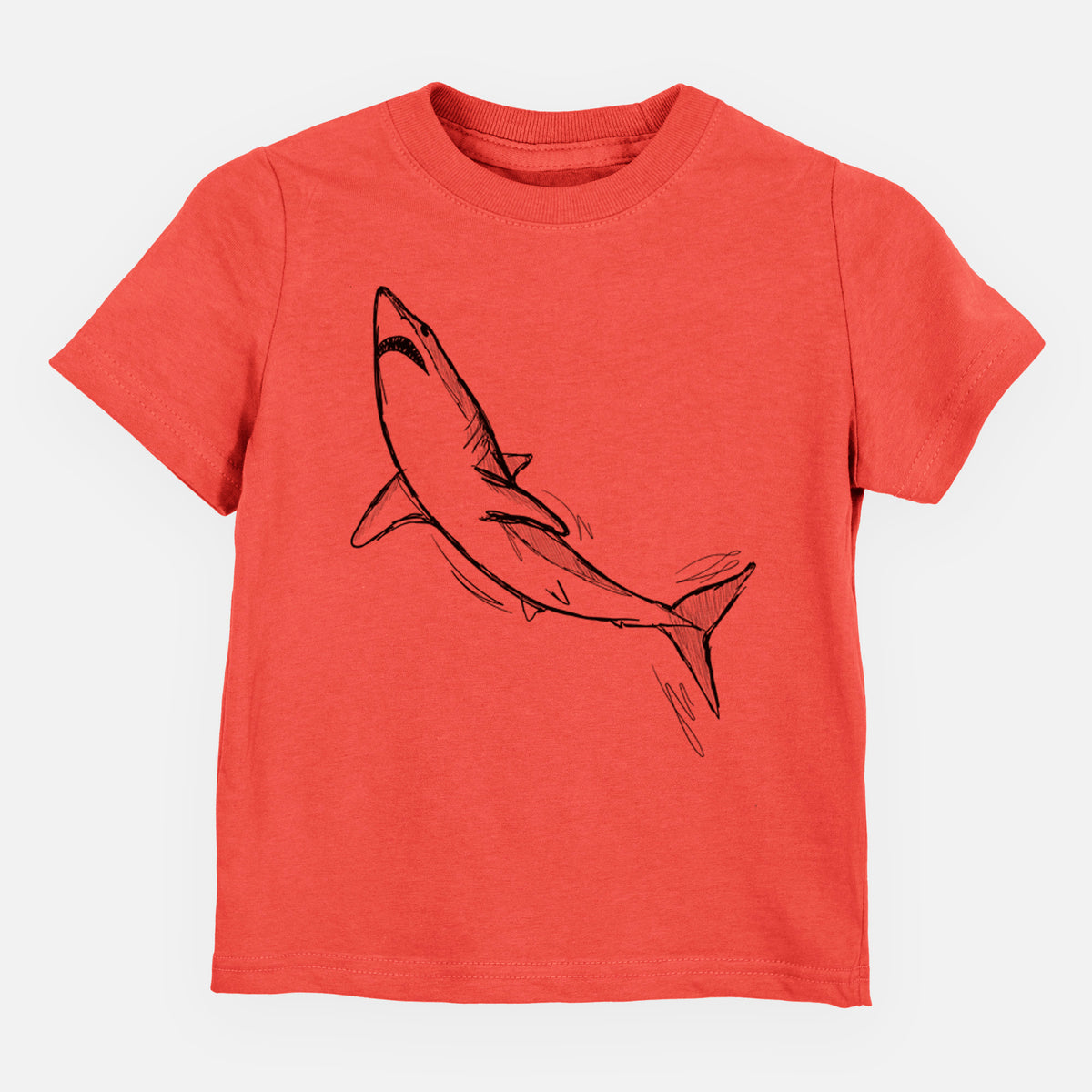 Passionfruit pink toddler t-shirt laid flat, printed with a black ink illustration of a shortfin mako shark diving.