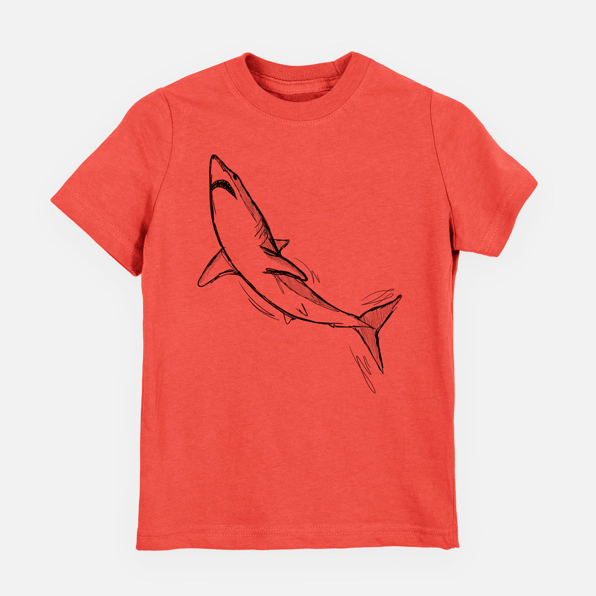 Passionfruit pink youth t-shirt laid flat, printed with a black ink illustration of a shortfin mako shark diving.