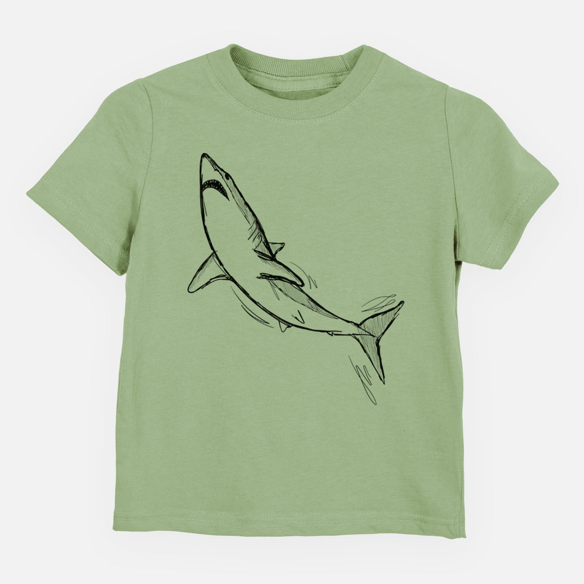 Sage green toddler t-shirt laid flat, printed with a black ink illustration of a shortfin mako shark diving.