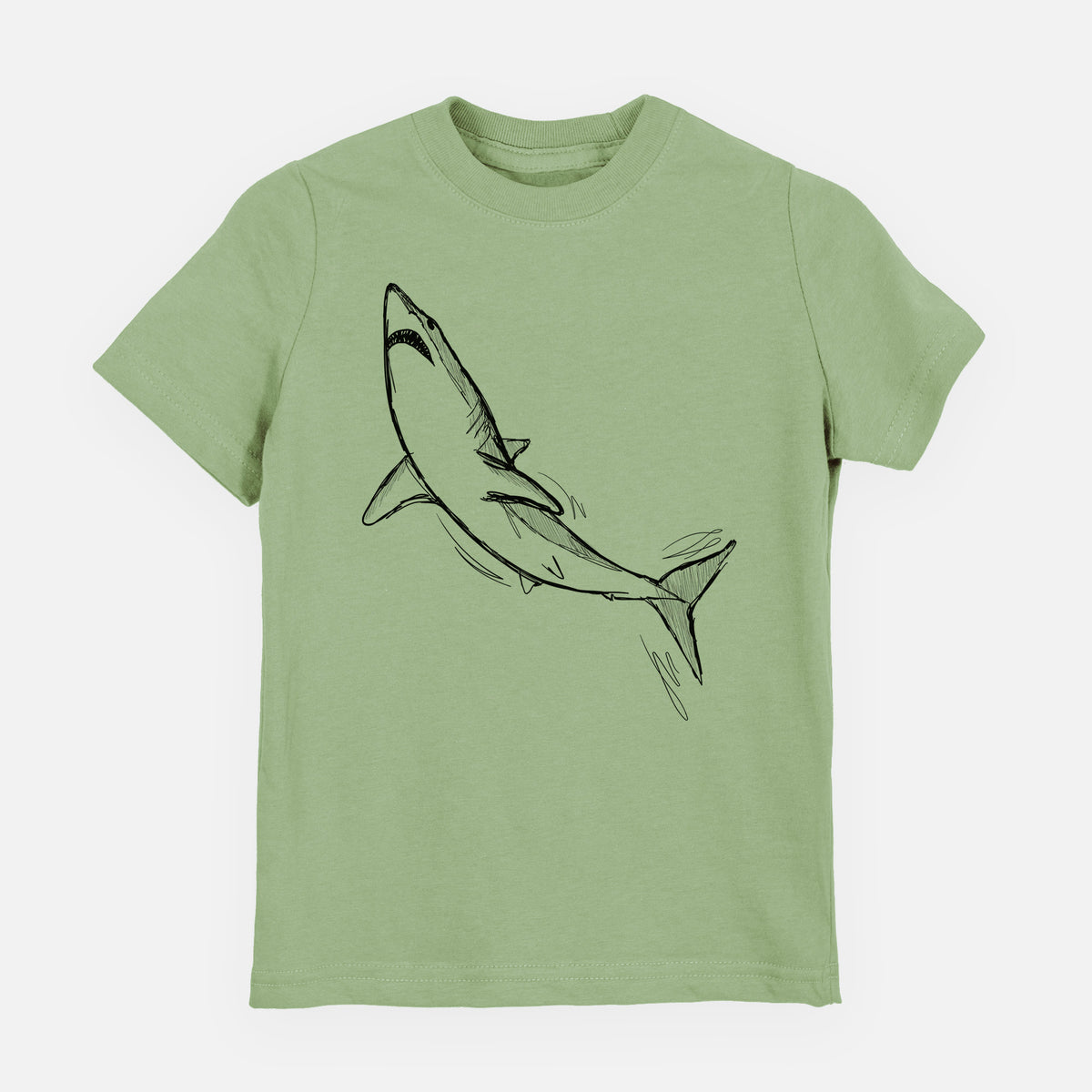 Sage green youth t-shirt laid flat, printed with a black ink illustration of a shortfin mako shark diving.