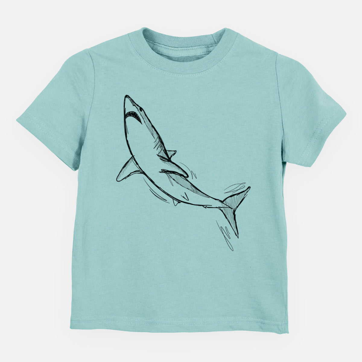 Saltwater toddler t-shirt laid flat, printed with a black ink illustration of a shortfin mako shark diving.