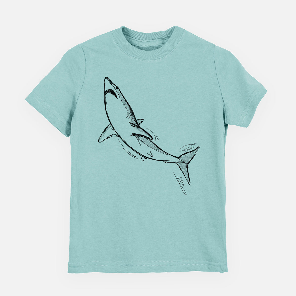 Saltwater youth t-shirt laid flat, printed with a black ink illustration of a shortfin mako shark diving.