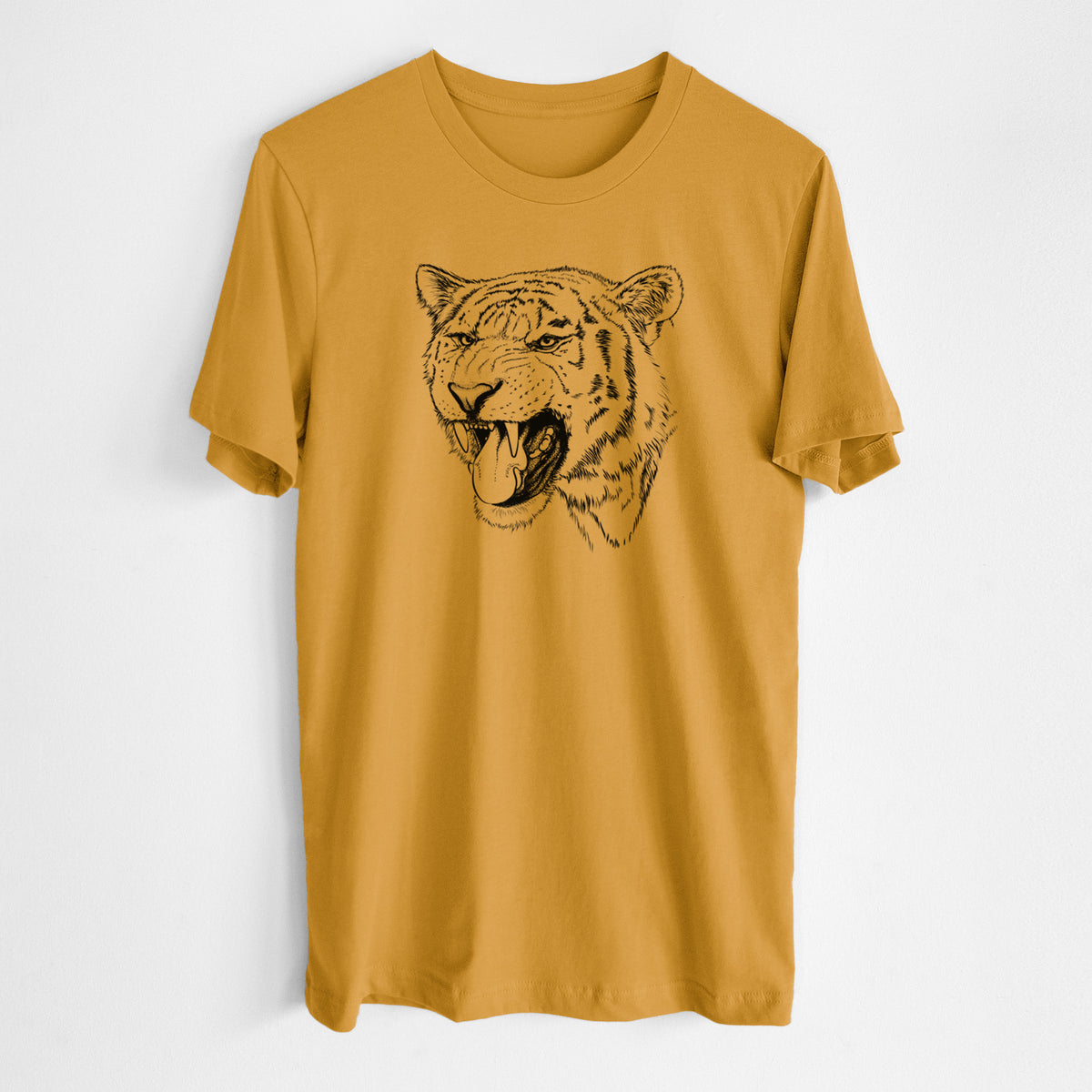 Honeycomb yellow lightweight cotton t-shirt laid flat, printed with a detailed black ink portrait of a roaring Siberian tiger.