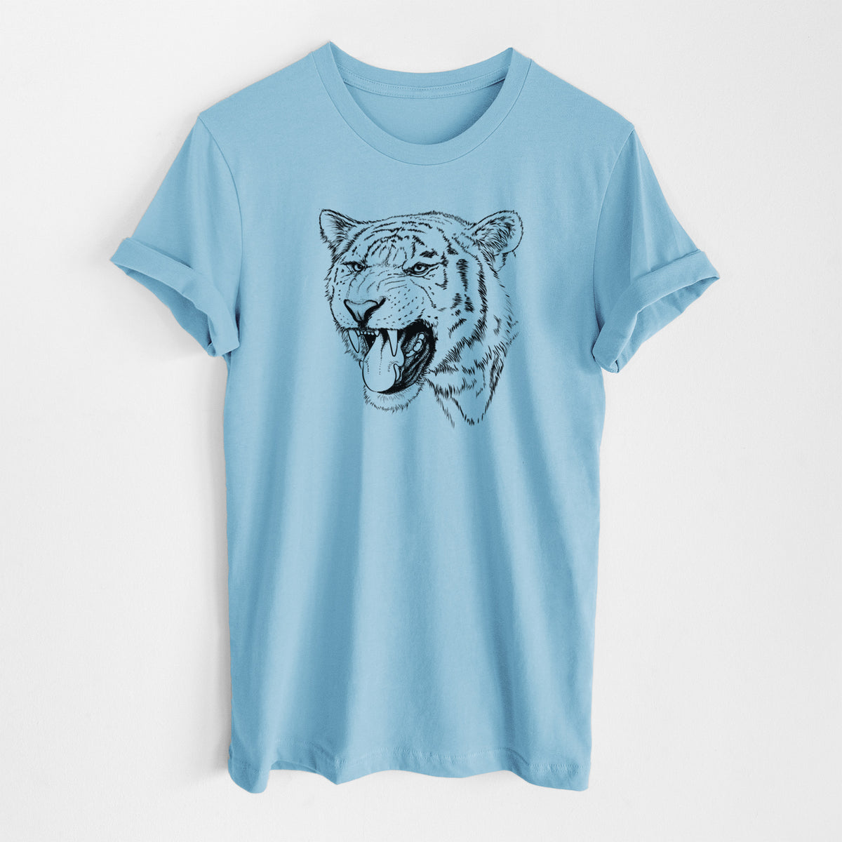 Ocean blue lightweight cotton t-shirt laid flat, printed with a detailed black ink portrait of a roaring Siberian tiger.