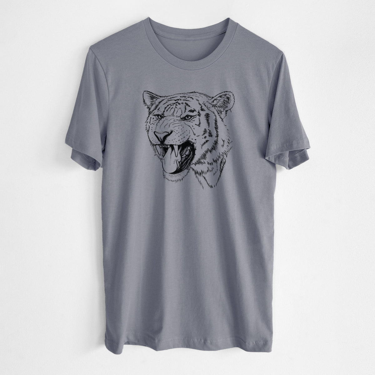 Storm grey lightweight cotton t-shirt laid flat, printed with a detailed black ink portrait of a roaring Siberian tiger.