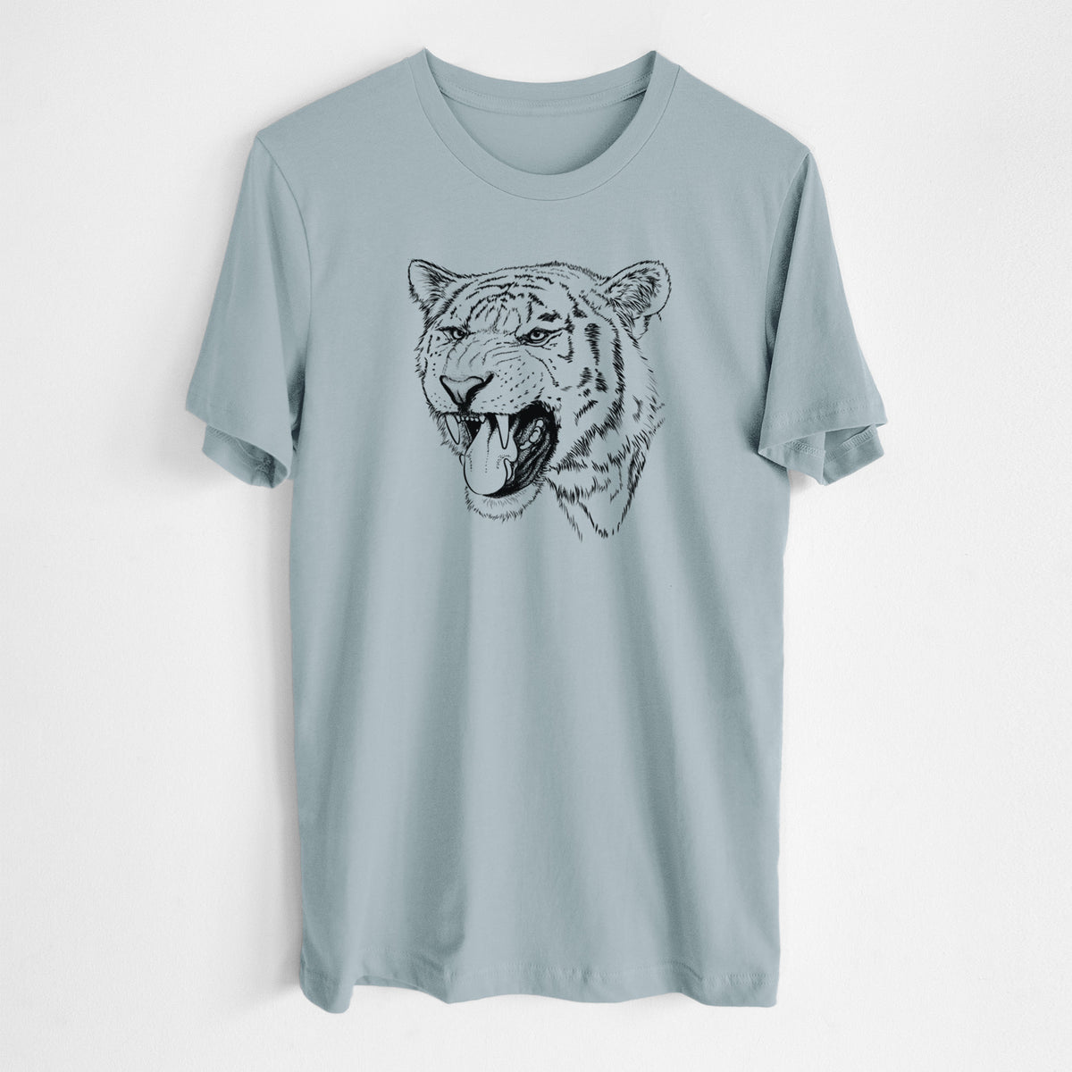 Vintage denim lightweight cotton t-shirt laid flat, printed with a detailed black ink portrait of a roaring Siberian tiger.