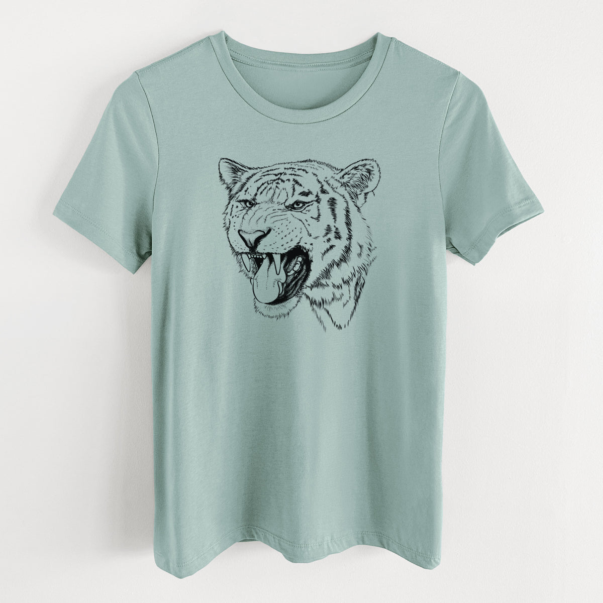 Dusty blue women's relaxed fit cotton t-shirt laid flat, printed with a detailed black ink portrait of a roaring Siberian tiger.
