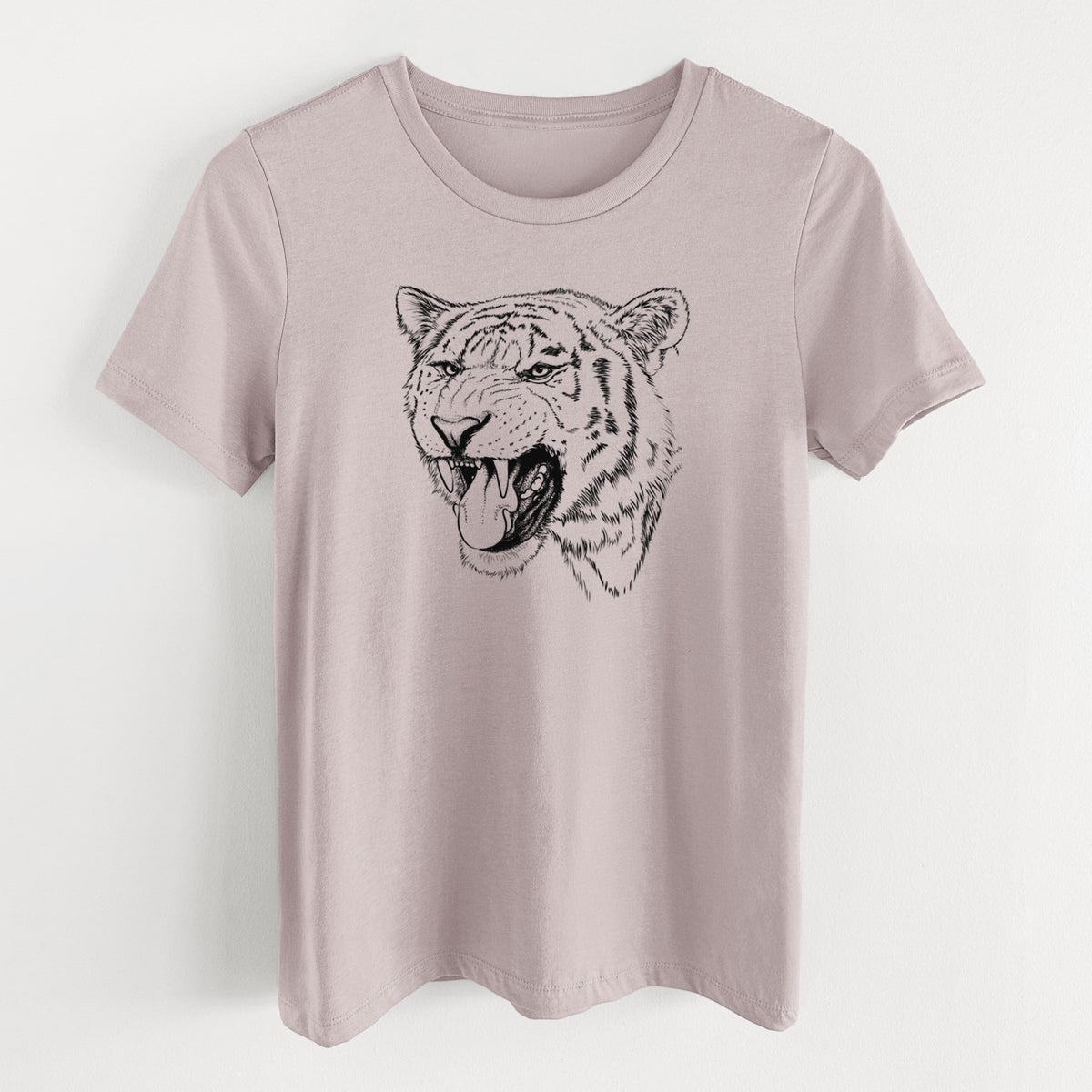 Pink gravel women's relaxed fit cotton t-shirt laid flat, printed with a detailed black ink portrait of a roaring Siberian tiger.