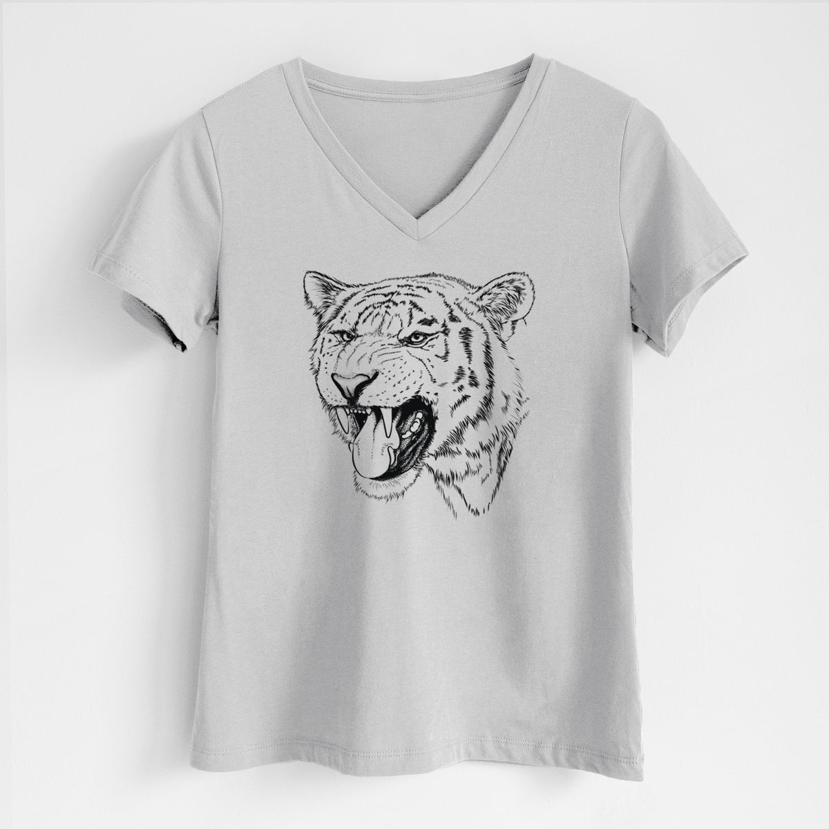 Lunar grey women's relaxed fit cotton V-neck t-shirt laid flat, printed with a detailed black ink portrait of a roaring Siberian tiger.