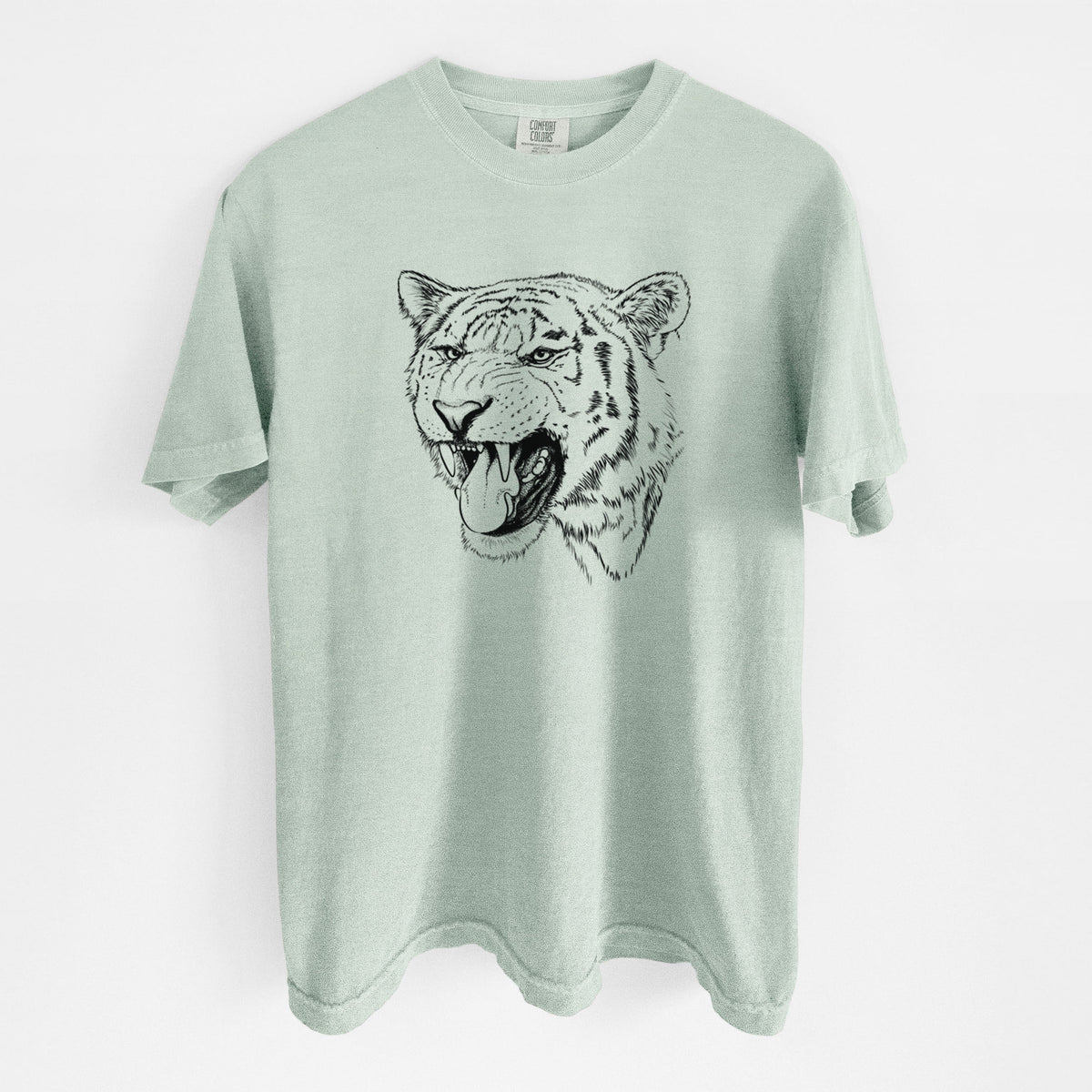 Bay green Comfort Colors t-shirt laid flat, printed with a detailed black ink portrait of a roaring Siberian tiger.