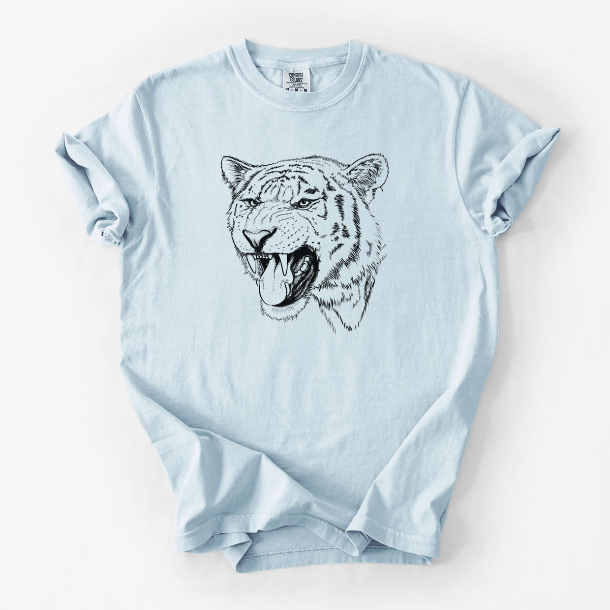 Chambray blue Comfort Colors t-shirt laid flat, printed with a detailed black ink portrait of a roaring Siberian tiger.
