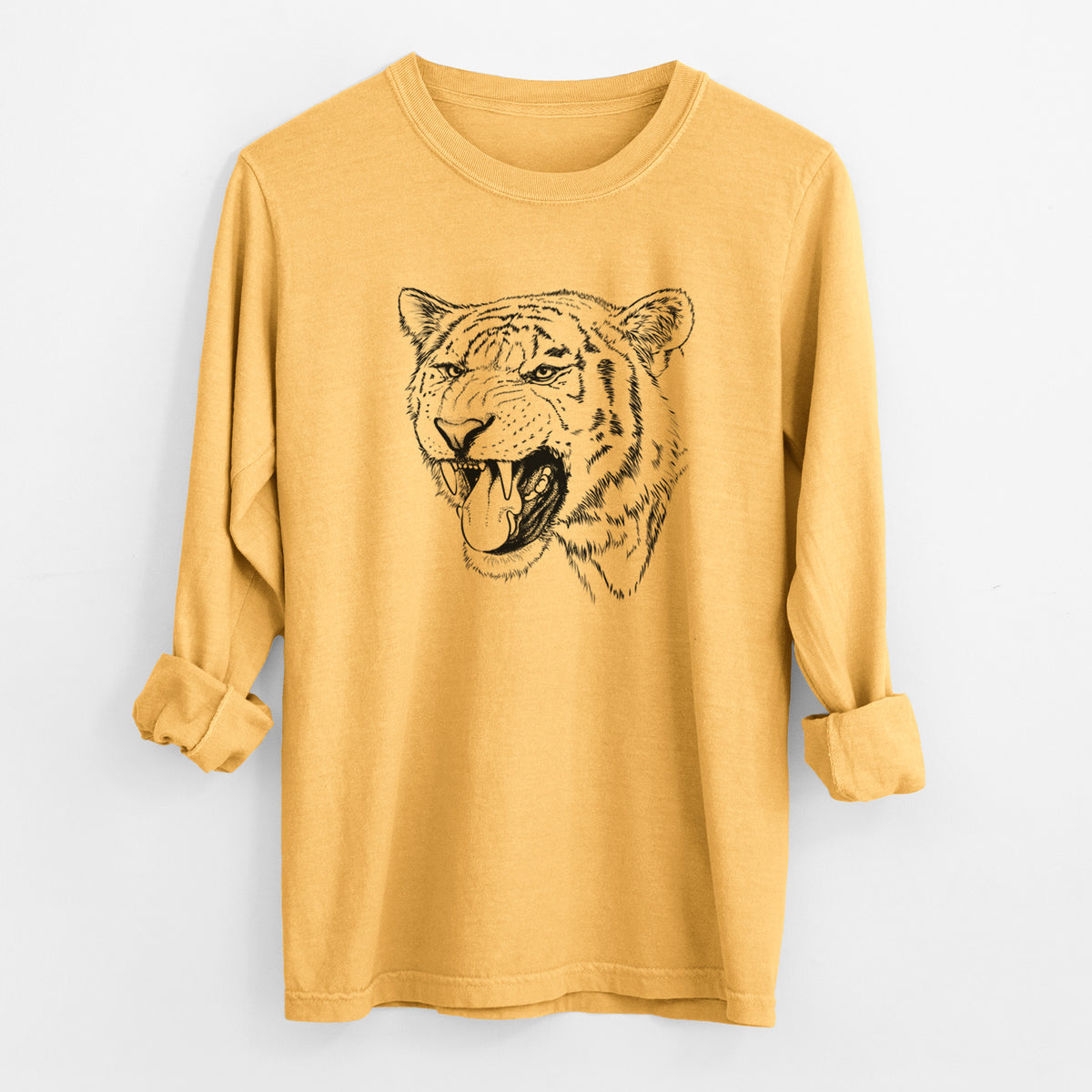Golden wheat yellow Comfort Colors long sleeve shirt laid flat with the cuffs rolled, printed with a detailed black ink portrait of a roaring Siberian tiger.