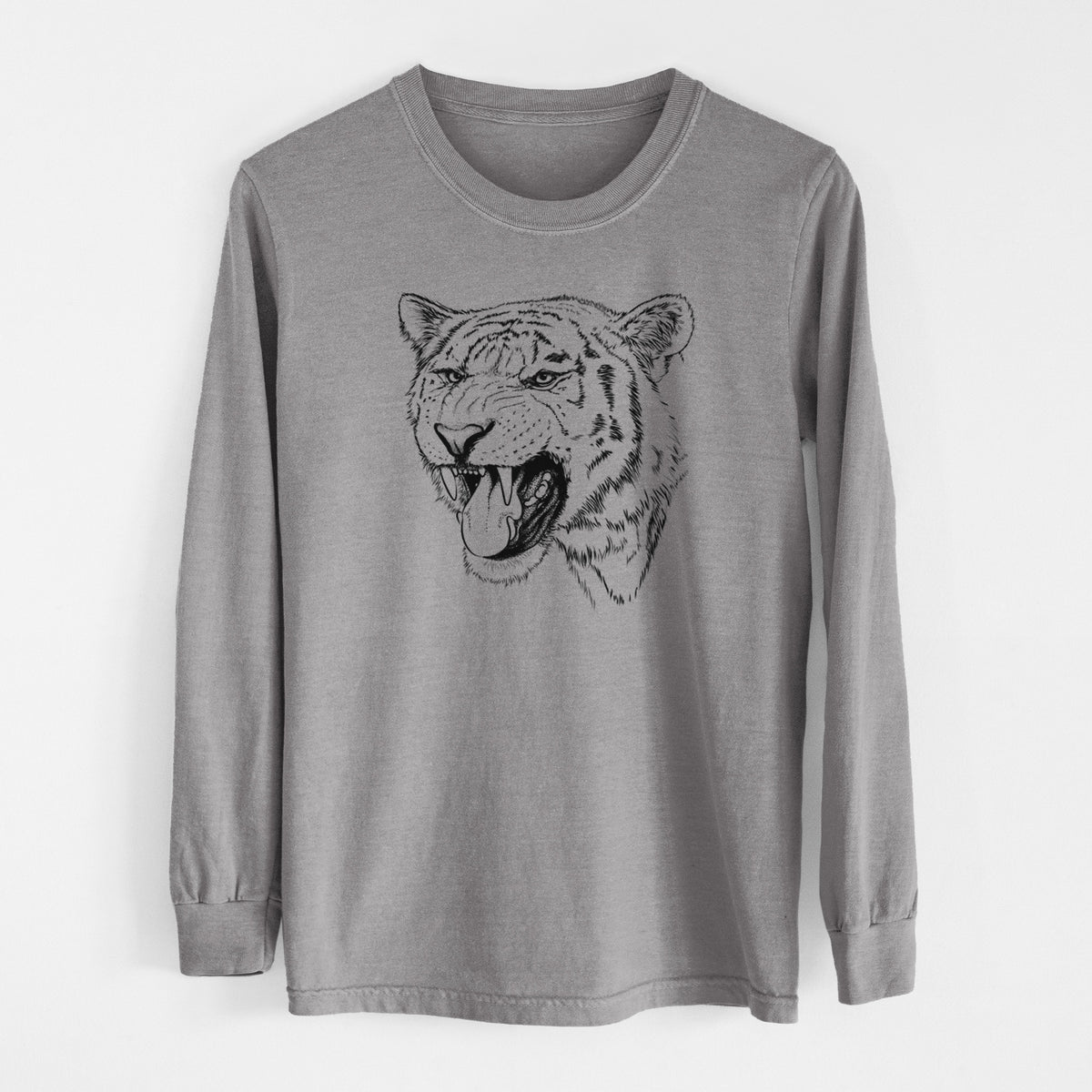 Grey Comfort Colors long sleeve shirt laid flat, printed with a detailed black ink portrait of a roaring Siberian tiger.