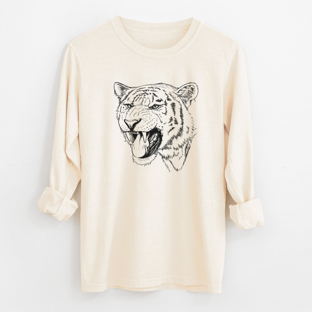 Ivory Comfort Colors long sleeve shirt laid flat with the cuffs rolled, printed with a detailed black ink portrait of a roaring Siberian tiger.