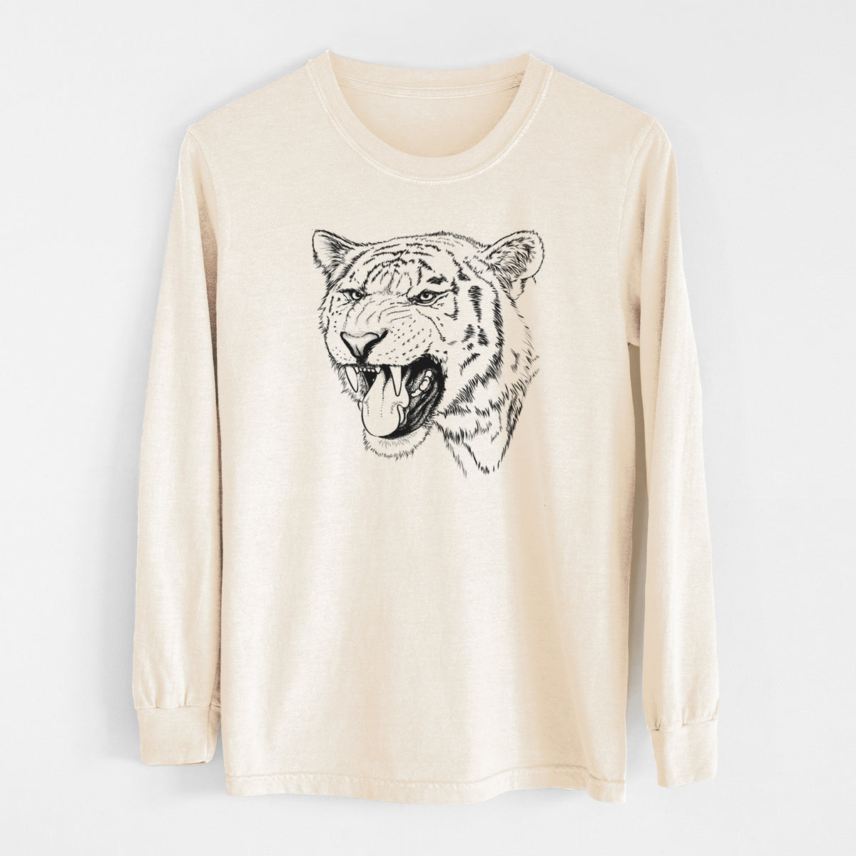 Ivory Comfort Colors long sleeve shirt laid flat, printed with a detailed black ink portrait of a roaring Siberian tiger.