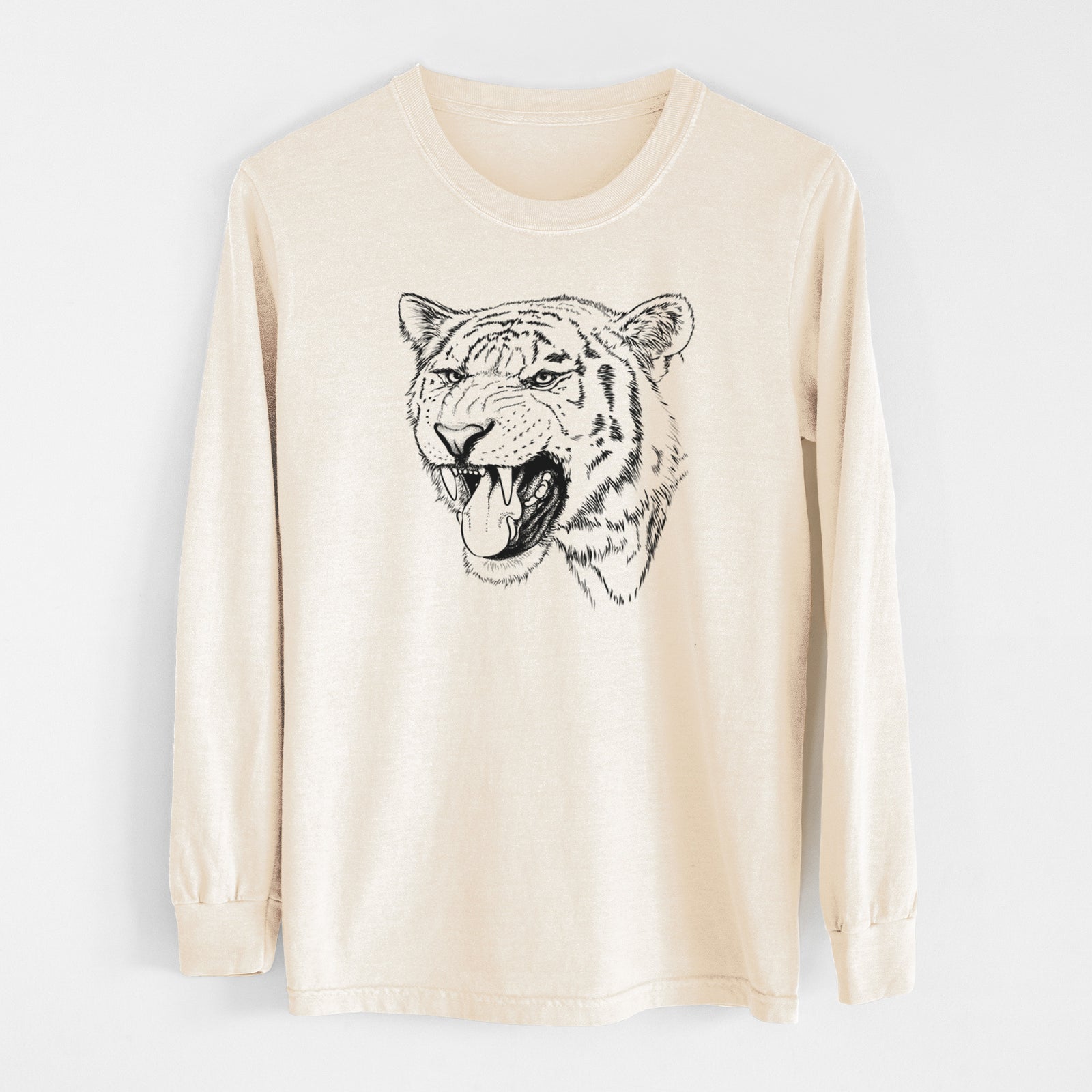 Ivory Comfort Colors long sleeve shirt laid flat, printed with a detailed black ink portrait of a roaring Siberian tiger.