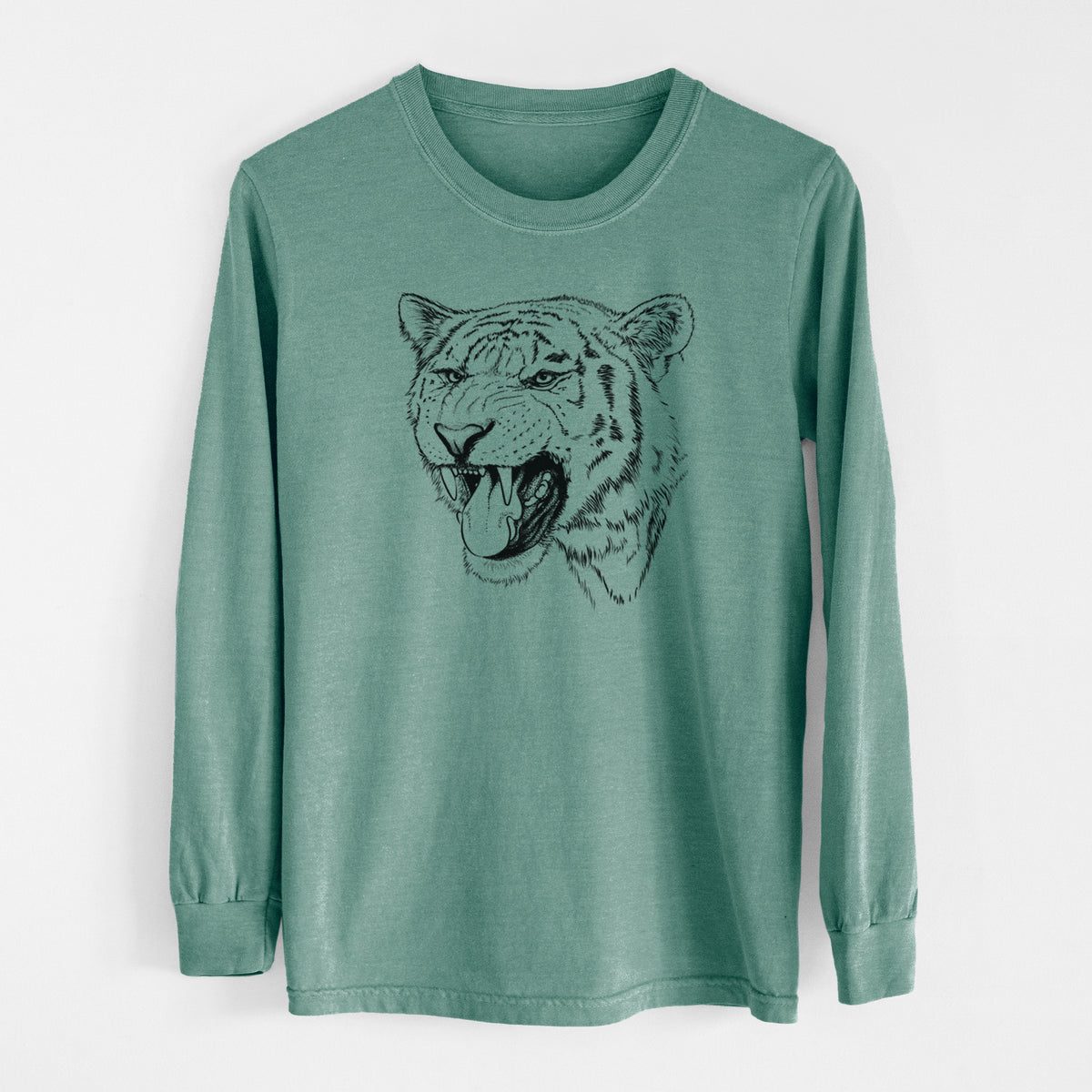 Pine green Comfort Colors long sleeve shirt laid flat, printed with a detailed black ink portrait of a roaring Siberian tiger.