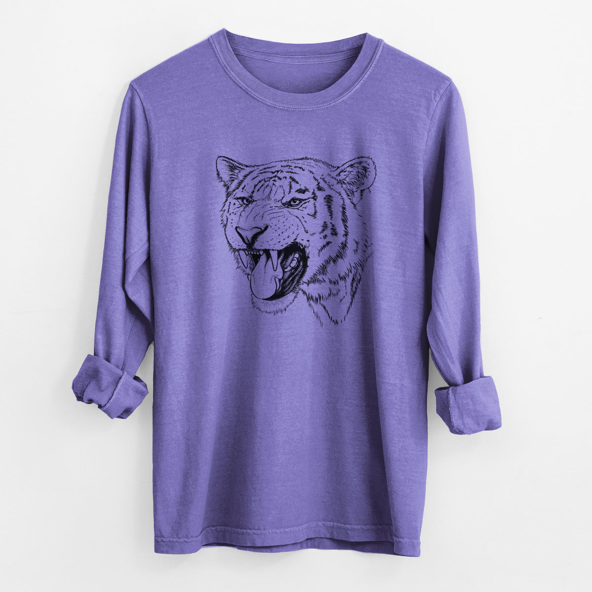 Violet purple Comfort Colors long sleeve shirt laid flat with the cuffs rolled, printed with a detailed black ink portrait of a roaring Siberian tiger.