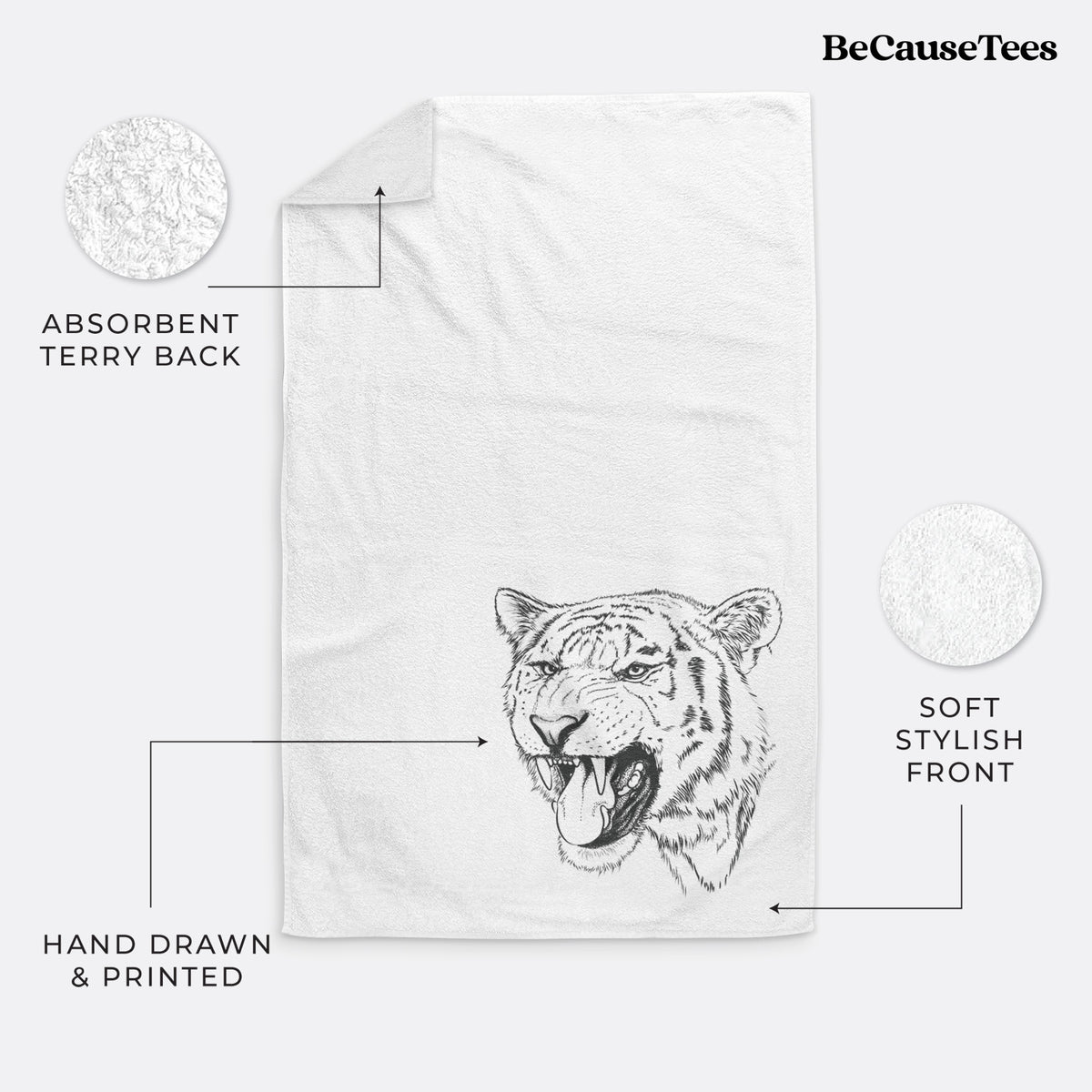 White hand towel printed with a detailed black ink portrait of a roaring Siberian tiger.