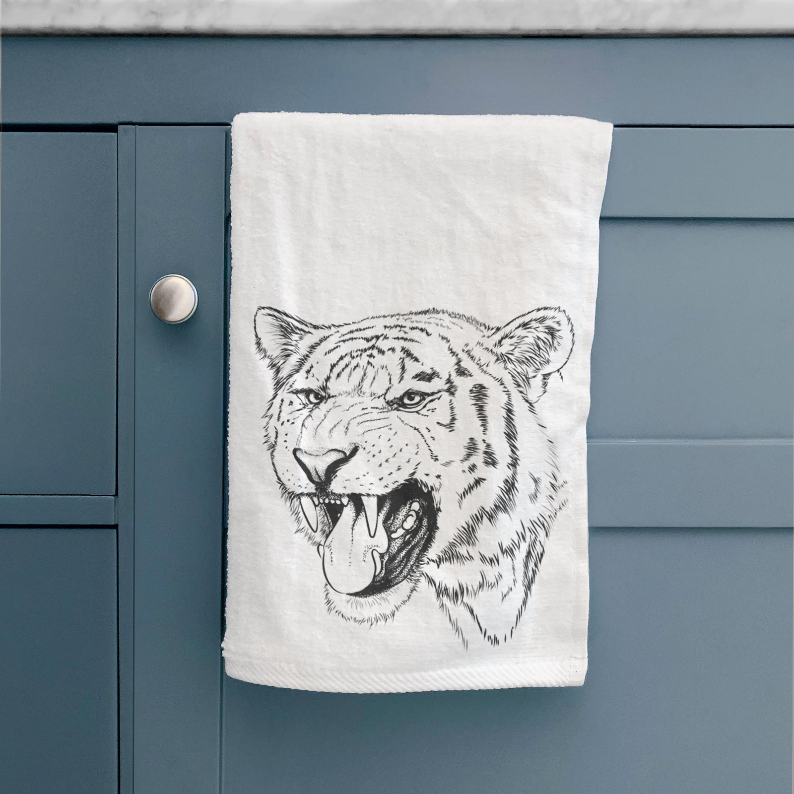 White hand towel printed with a detailed black ink portrait of a roaring Siberian tiger.