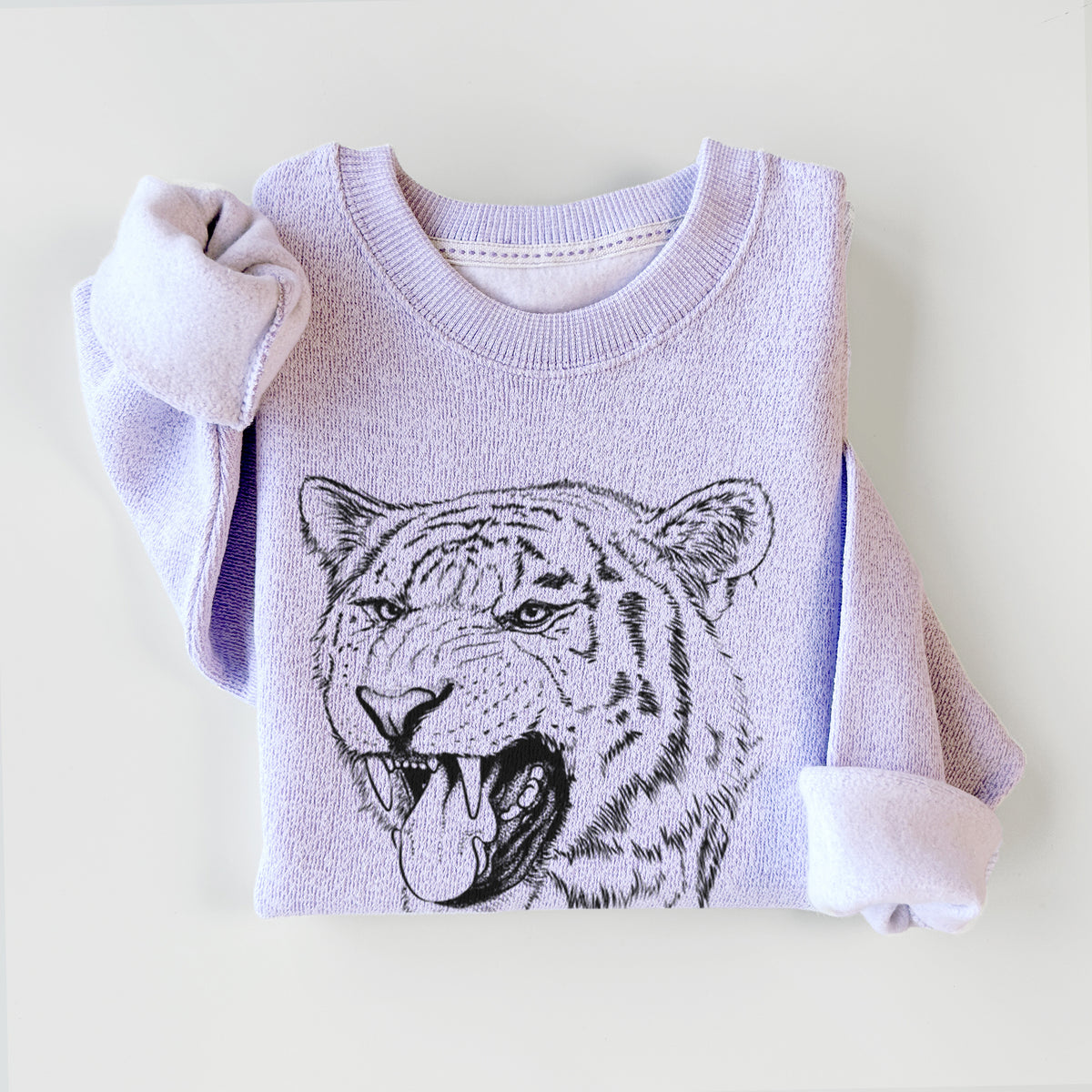 Ice purple knit sweatshirt printed with a detailed black ink portrait of a roaring Siberian tiger, styled flat.