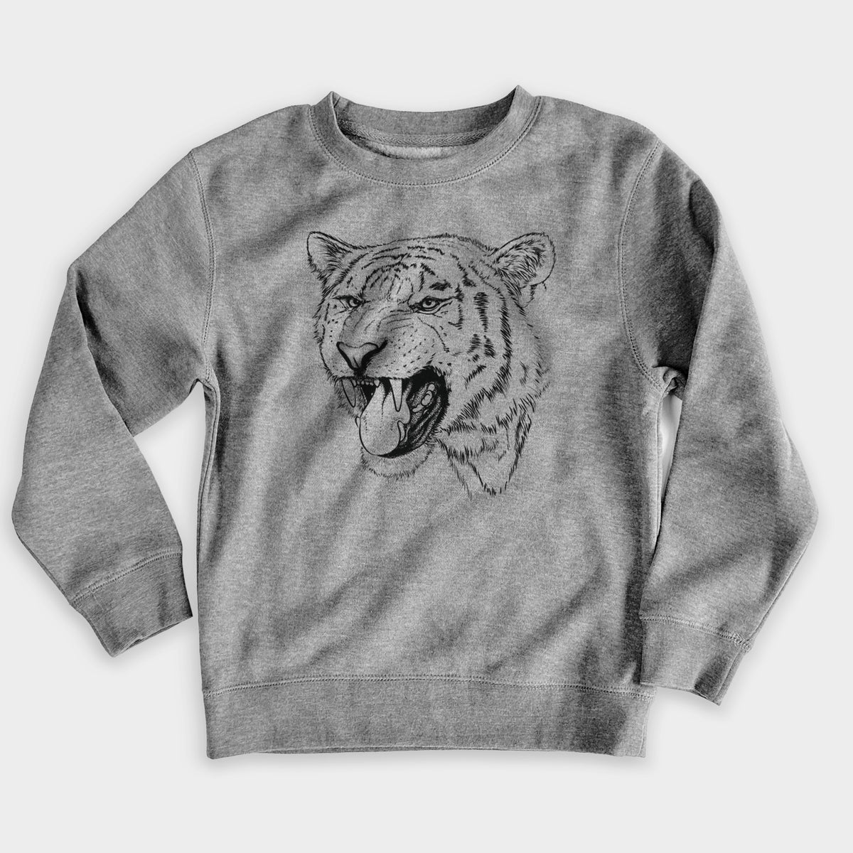 Nickel grey youth crewneck sweatshirt laid flat, printed with a detailed black ink portrait of a roaring Siberian tiger.