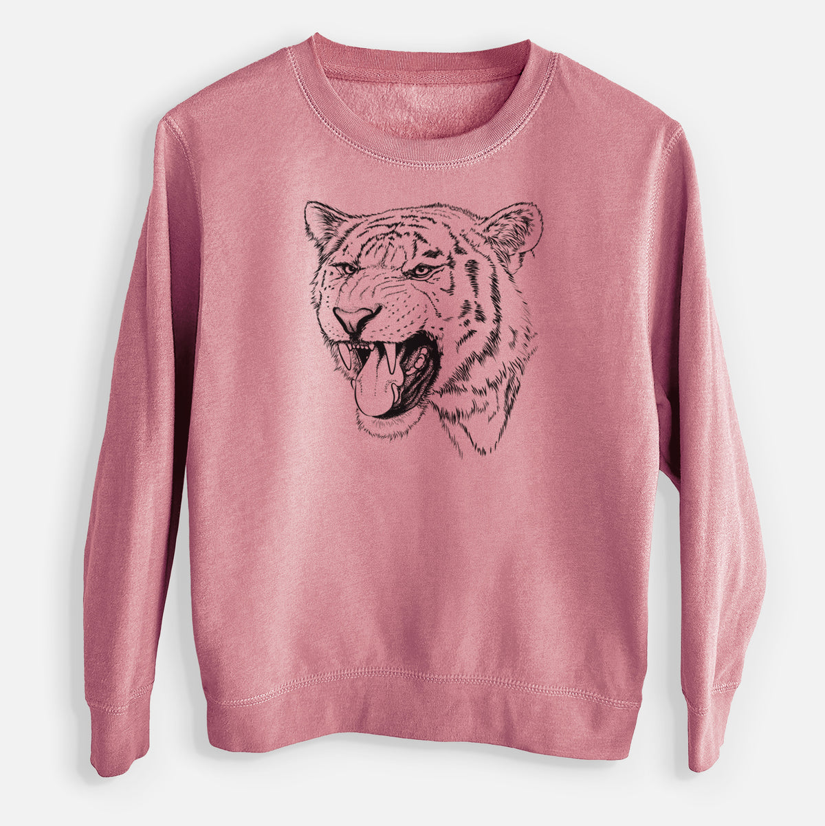 Mauve pink youth crewneck sweatshirt laid flat, printed with a detailed black ink portrait of a roaring Siberian tiger.