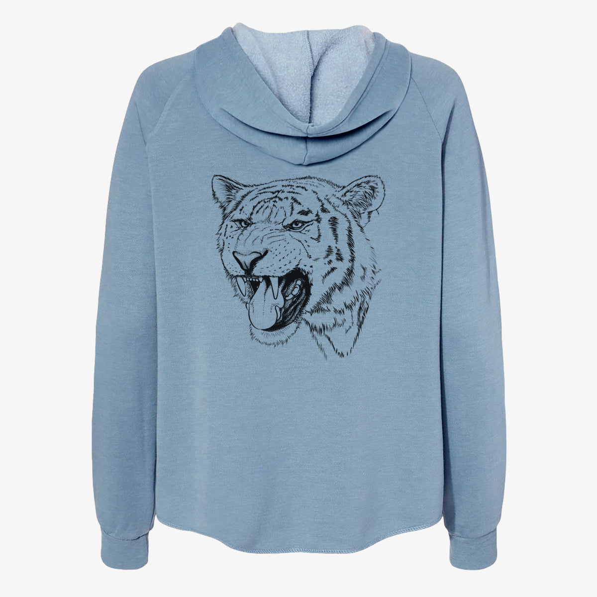 Misty blue women's Cali Wave zip-up sweatshirt laid flat, printed with a detailed black ink portrait of a roaring Siberian tiger.