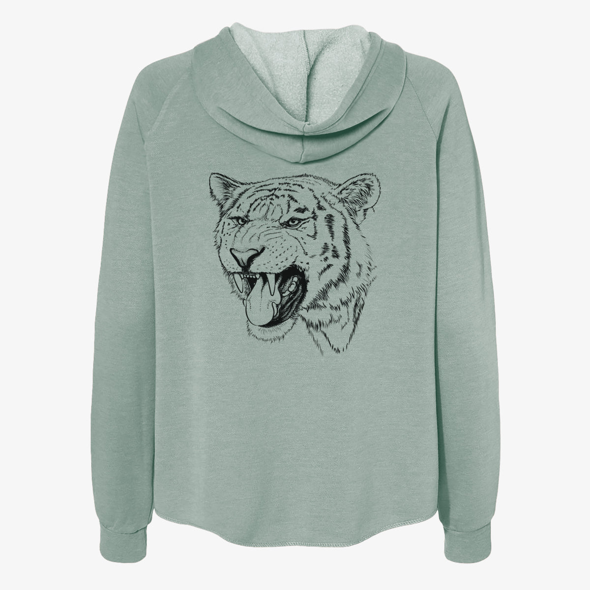 Sage green women's Cali Wave zip-up sweatshirt laid flat, printed with a detailed black ink portrait of a roaring Siberian tiger.