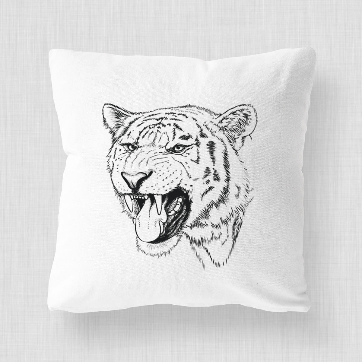 White pillow cover printed with a detailed black ink portrait of a roaring Siberian tiger.