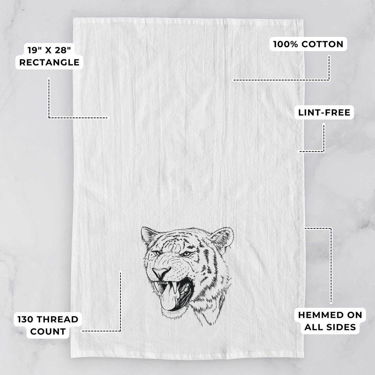 White tea towel printed with a detailed black ink portrait of a roaring Siberian tiger, with feature labels: 19 by 28 inch rectangle, 100% cotton, lint-free, 130 thread count, hemmed on all sides.