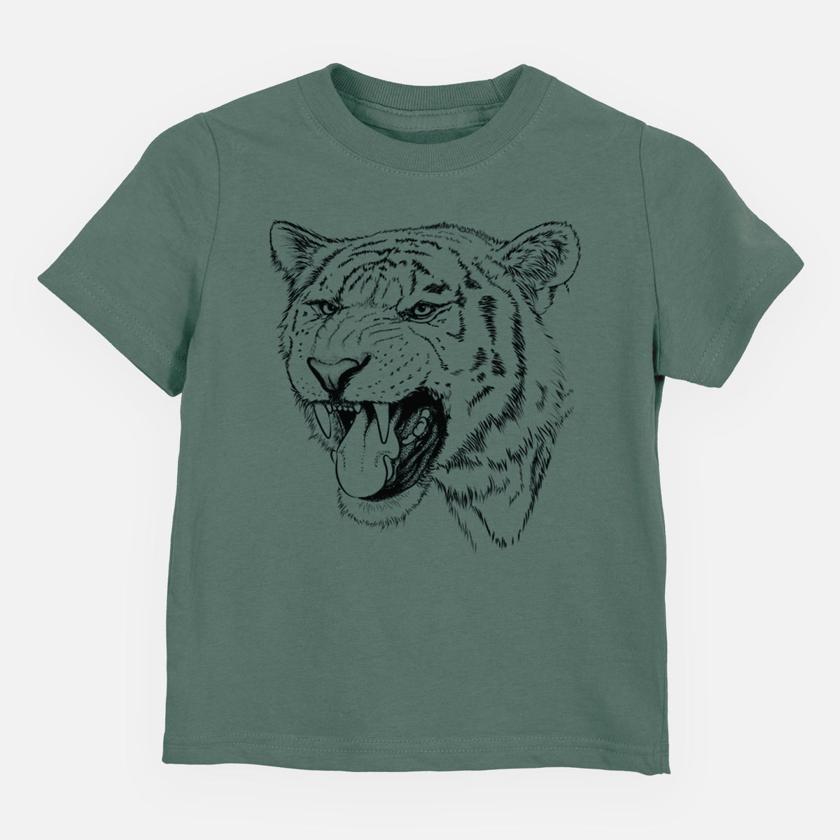 Basil green toddler t-shirt laid flat, printed with a detailed black ink portrait of a roaring Siberian tiger.