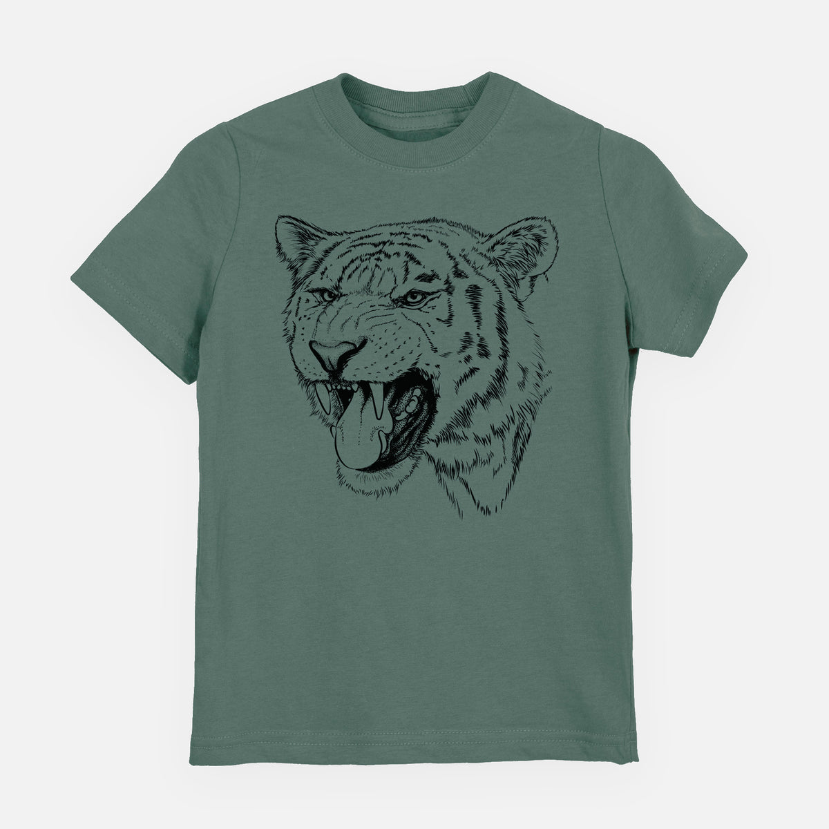 Basil green youth t-shirt laid flat, printed with a detailed black ink portrait of a roaring Siberian tiger.