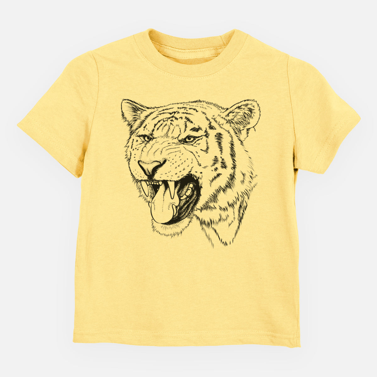 Butter yellow toddler t-shirt laid flat, printed with a detailed black ink portrait of a roaring Siberian tiger.