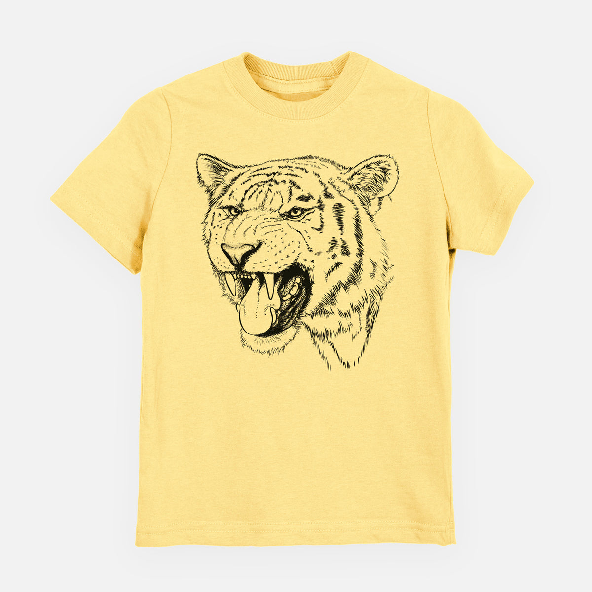 Butter yellow youth t-shirt laid flat, printed with a detailed black ink portrait of a roaring Siberian tiger.