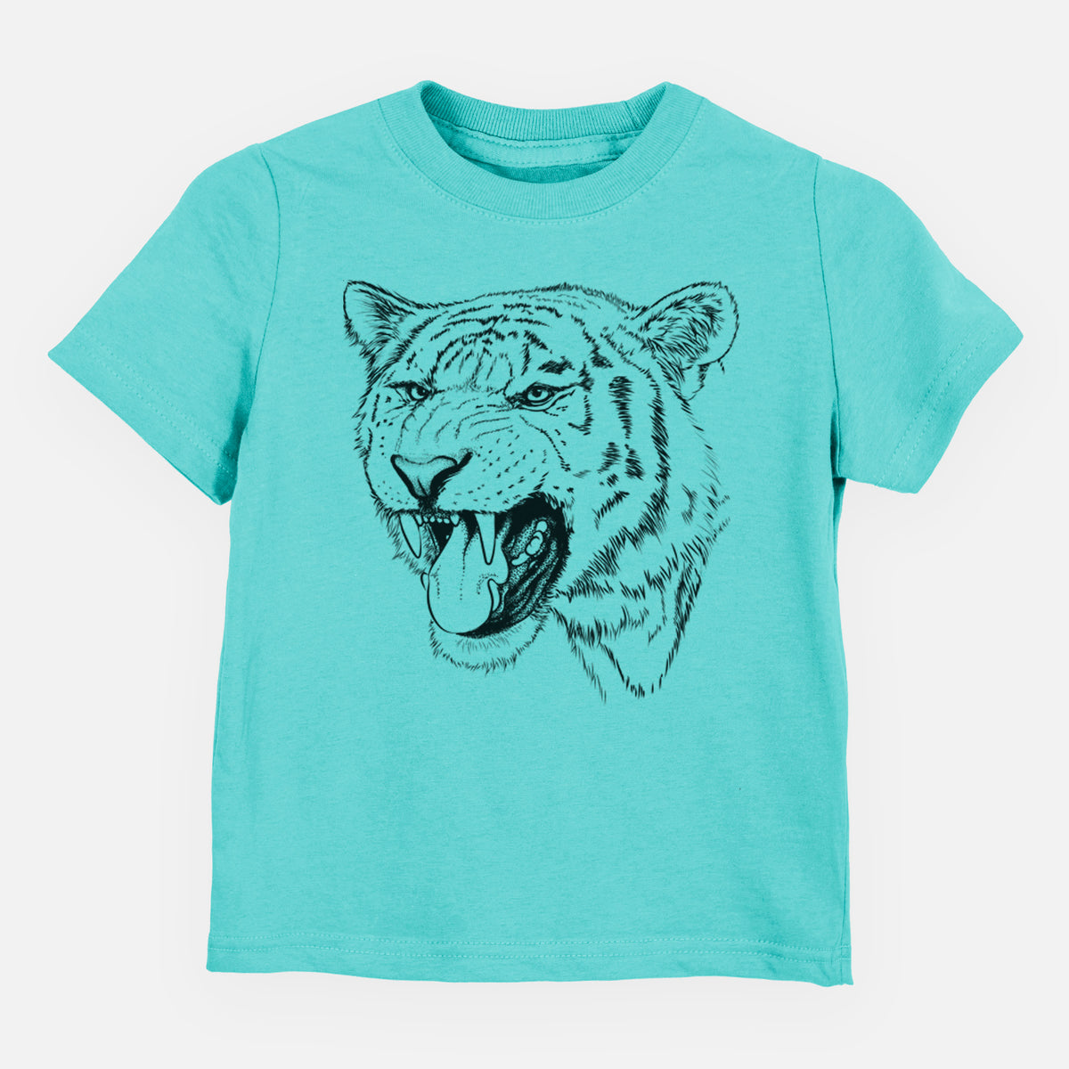 Caribbean blue toddler t-shirt laid flat, printed with a detailed black ink portrait of a roaring Siberian tiger.