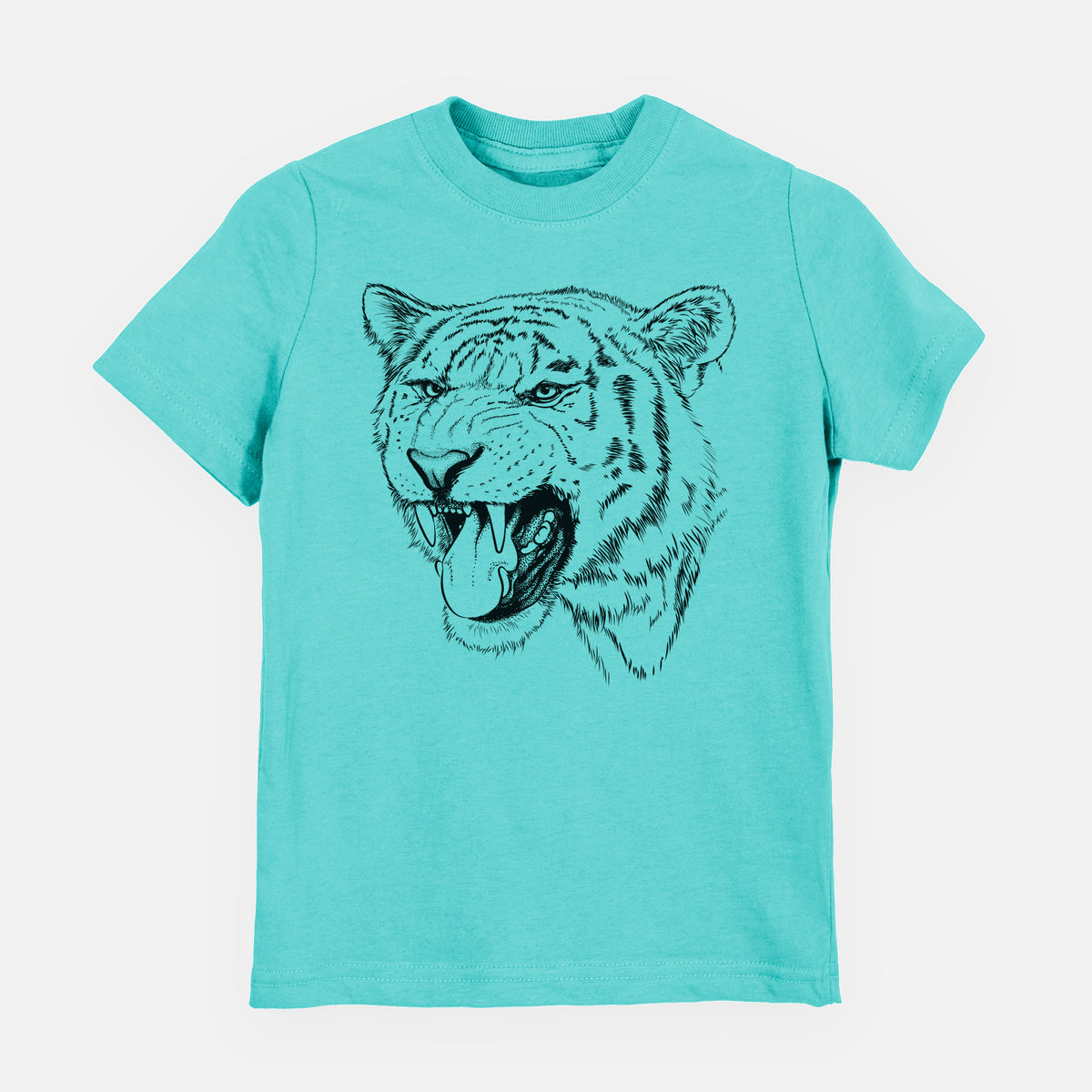 Caribbean blue youth t-shirt laid flat, printed with a detailed black ink portrait of a roaring Siberian tiger.