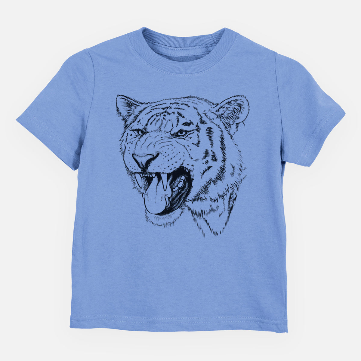 Carolina blue toddler t-shirt laid flat, printed with a detailed black ink portrait of a roaring Siberian tiger.