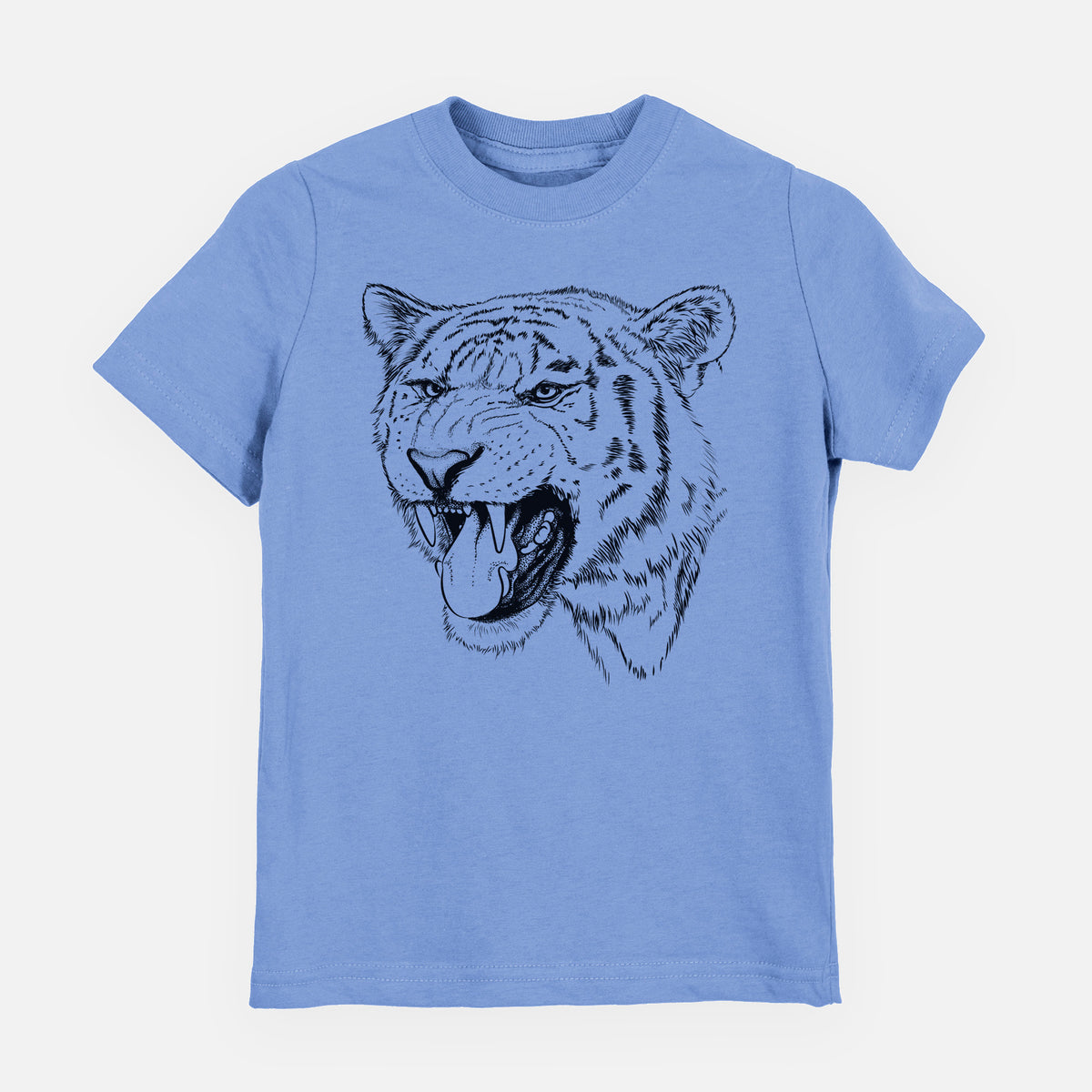 Carolina blue youth t-shirt laid flat, printed with a detailed black ink portrait of a roaring Siberian tiger.
