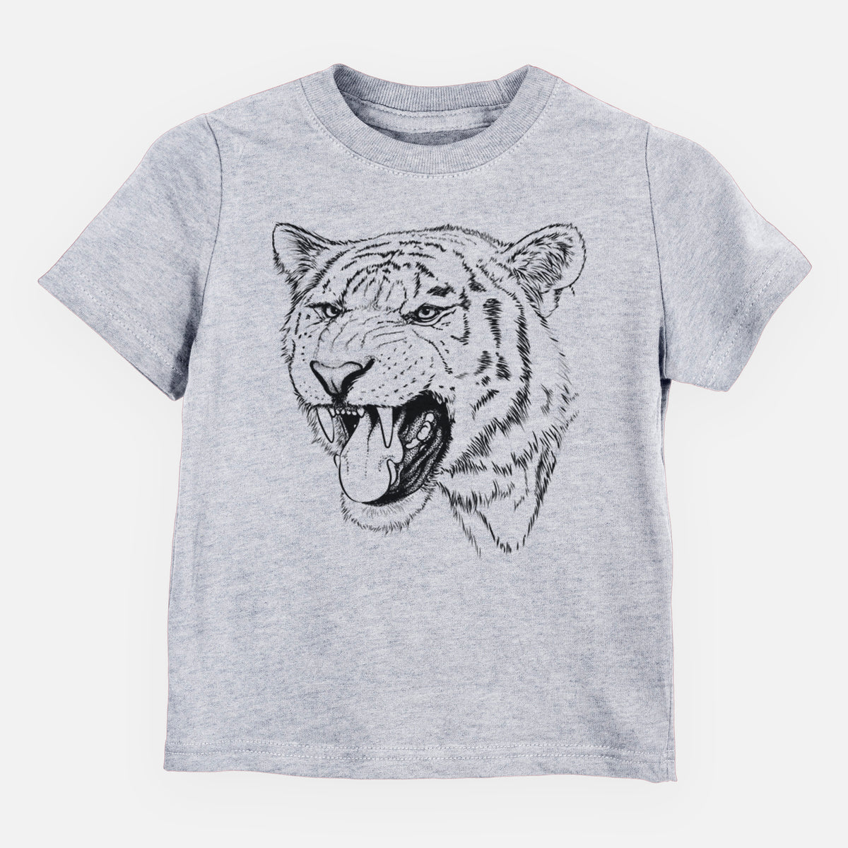 Heather grey toddler t-shirt laid flat, printed with a detailed black ink portrait of a roaring Siberian tiger.